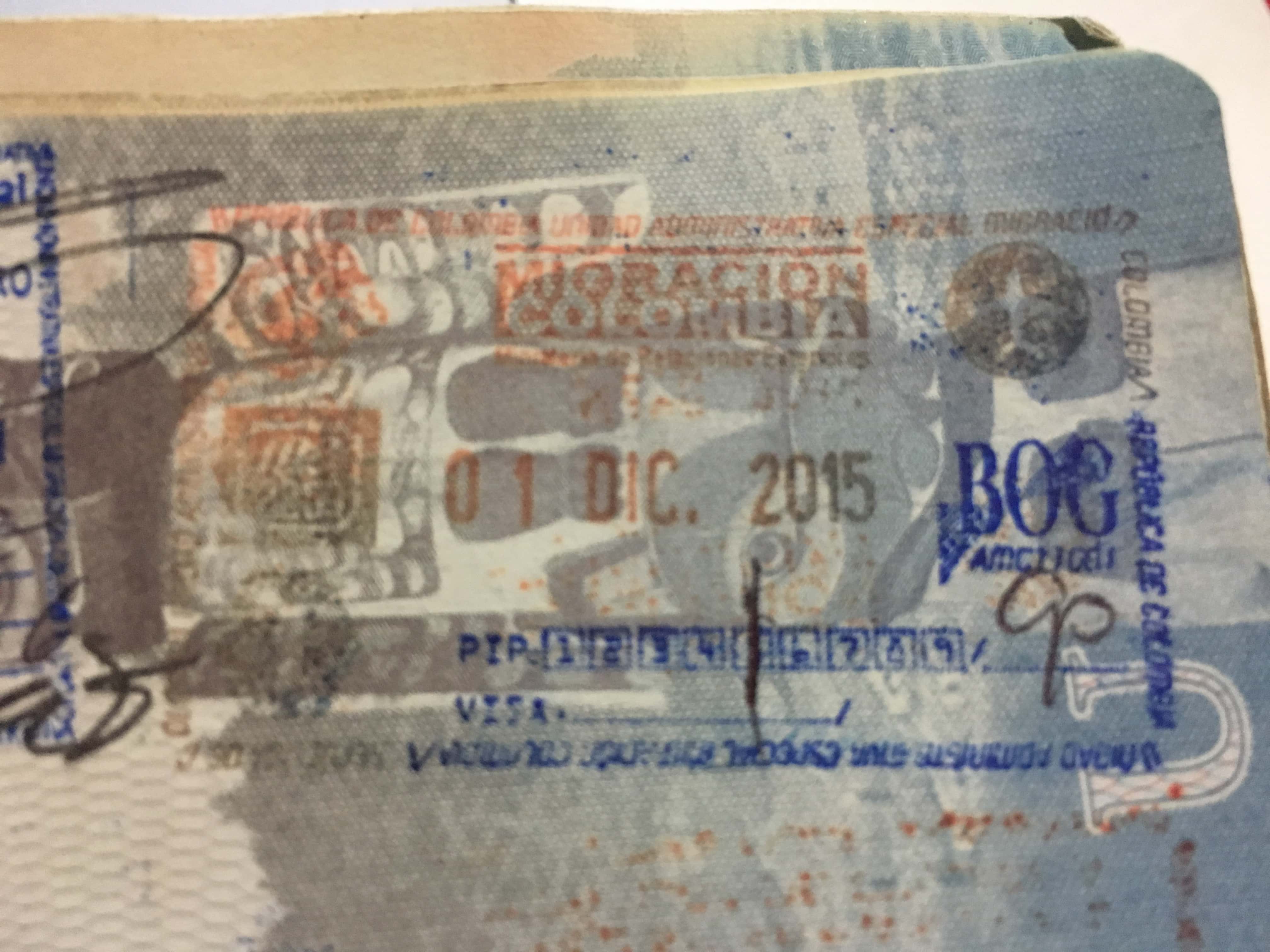 PIP5 entry stamp Colombia