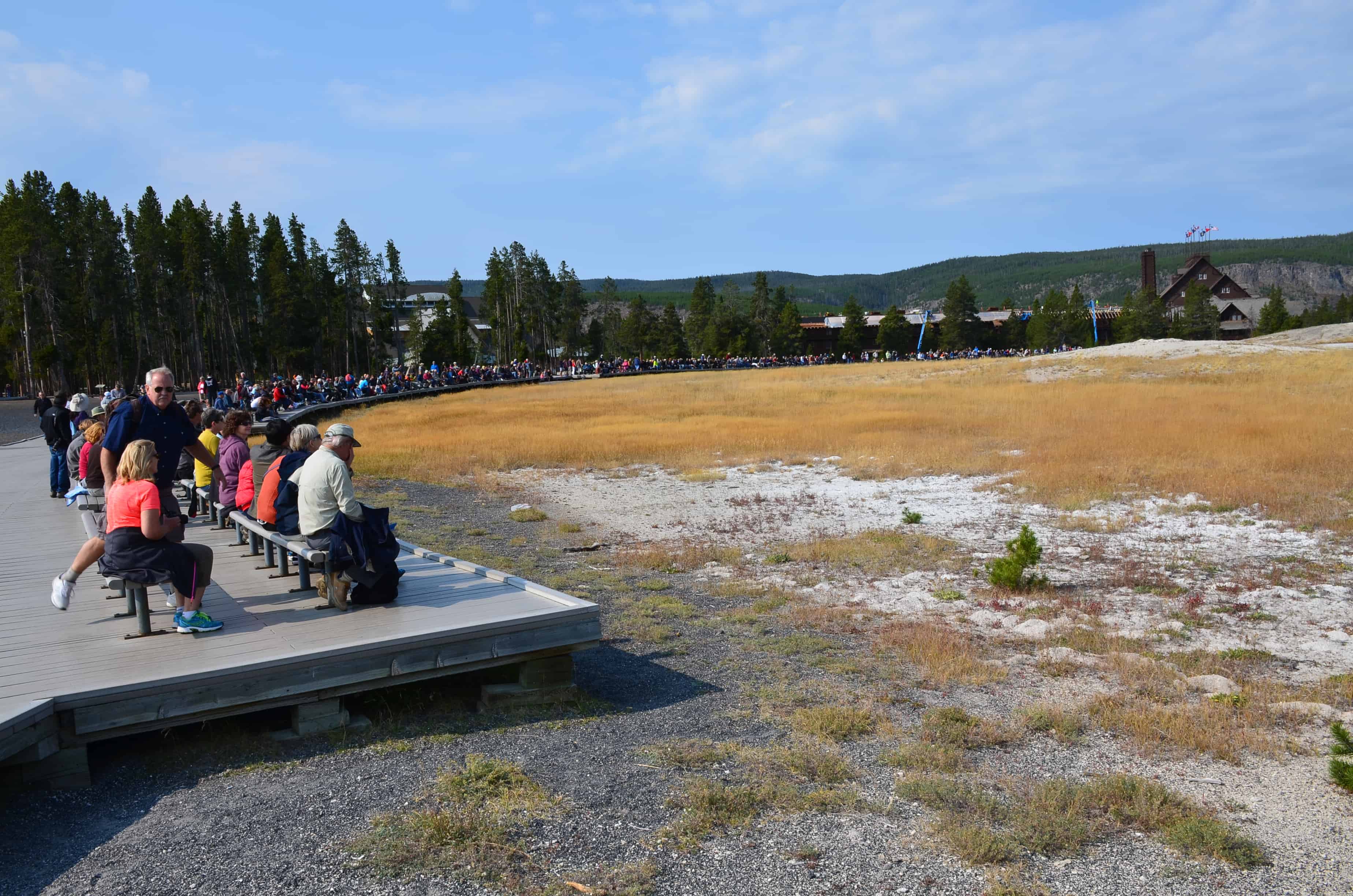 Old Faithful viewing area at the Upper Geyser Basin in Yellowstone National Park, Wyoming