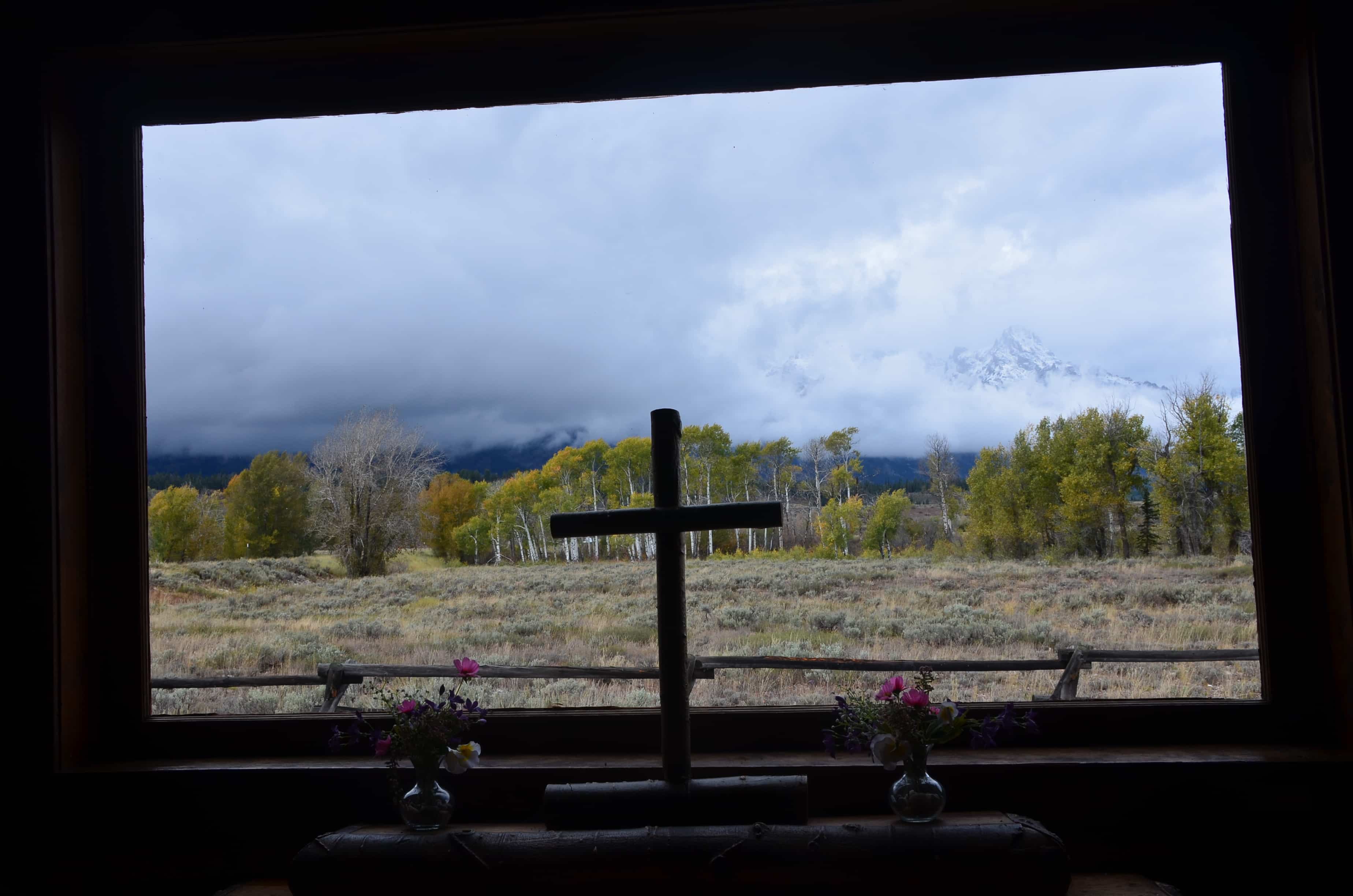 Picture window in the Chapel of the Transfiguration at Menor's Ferry Historic District in Grand Teton National Park, Wyoming