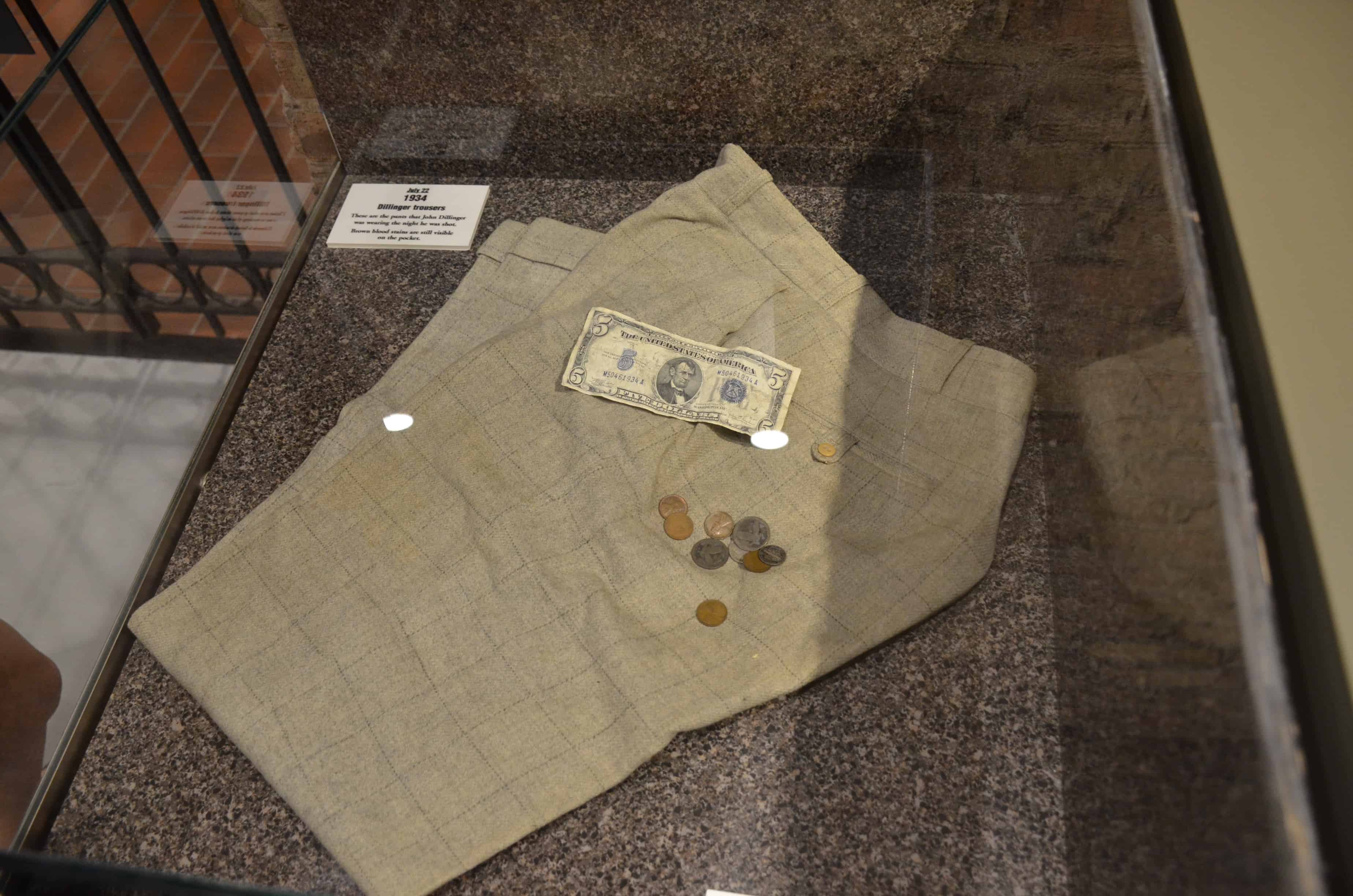 The pants Dillinger was wearing when he was killed and the change found in his pockets at the John Dillinger Museum in Crown Point, Indiana
