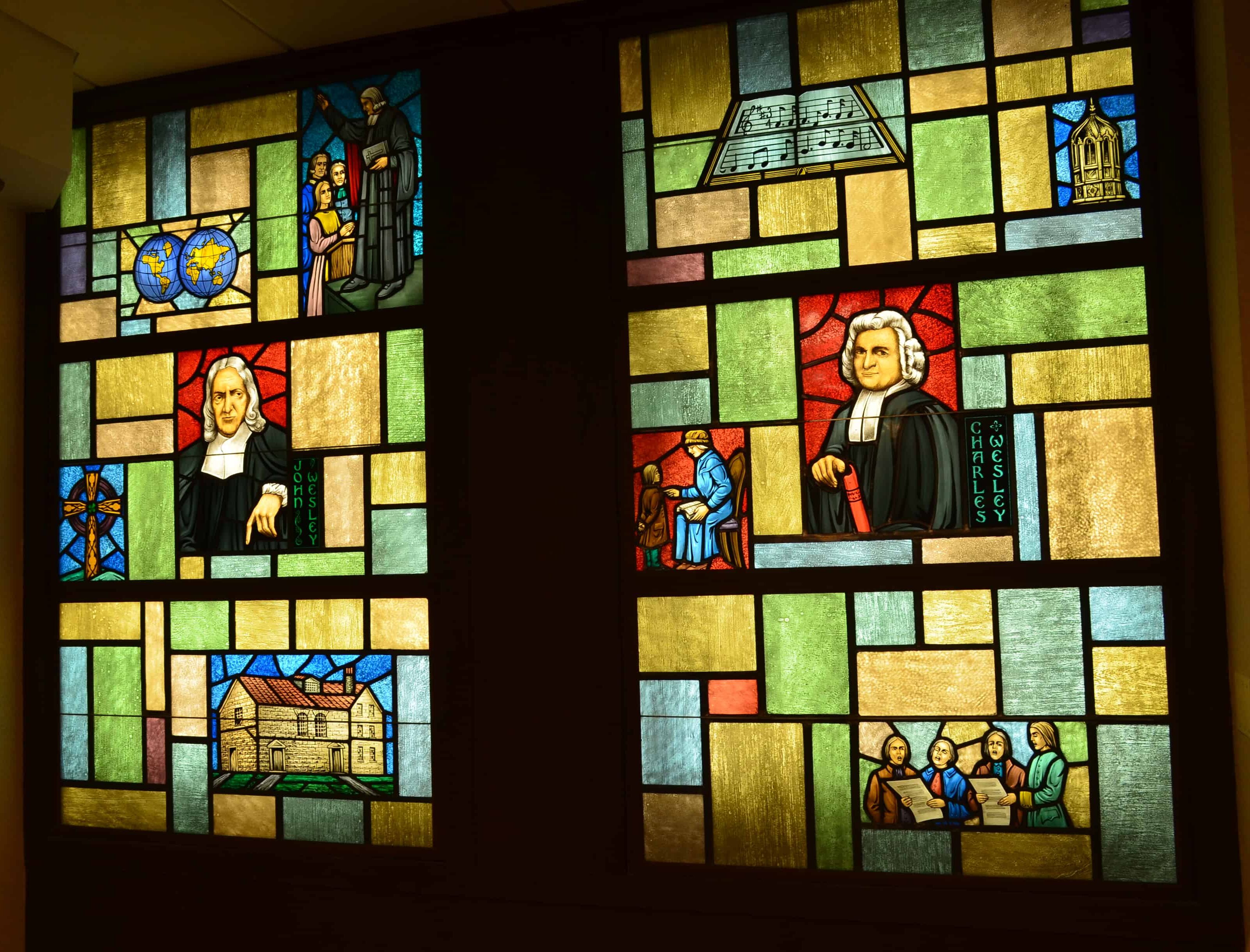Stained glass windows of the Wesley brothers at the Chicago Temple in Chicago, Illinois