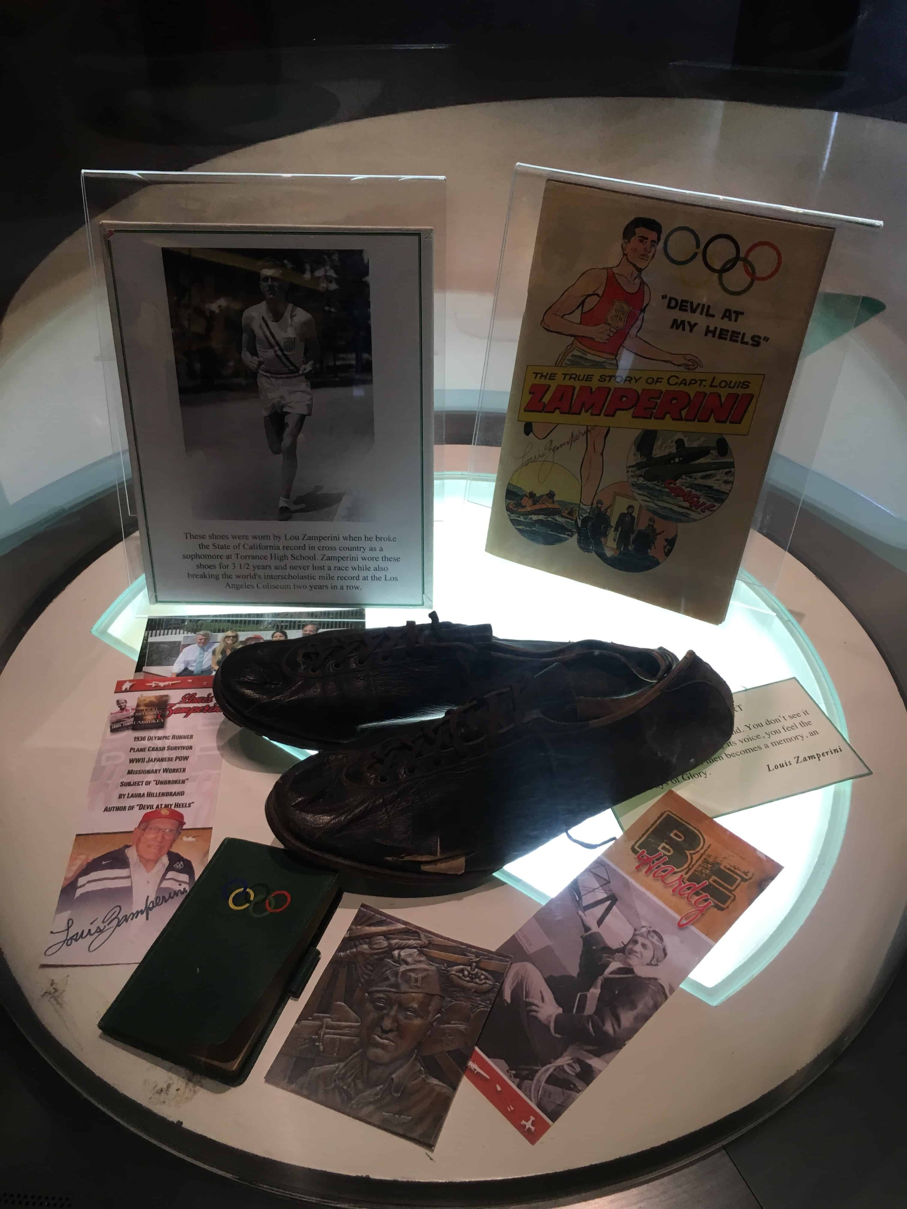 Louis Zamperini's shoes at the National Italian American Sports Hall of Fame in Chicago, Illinois