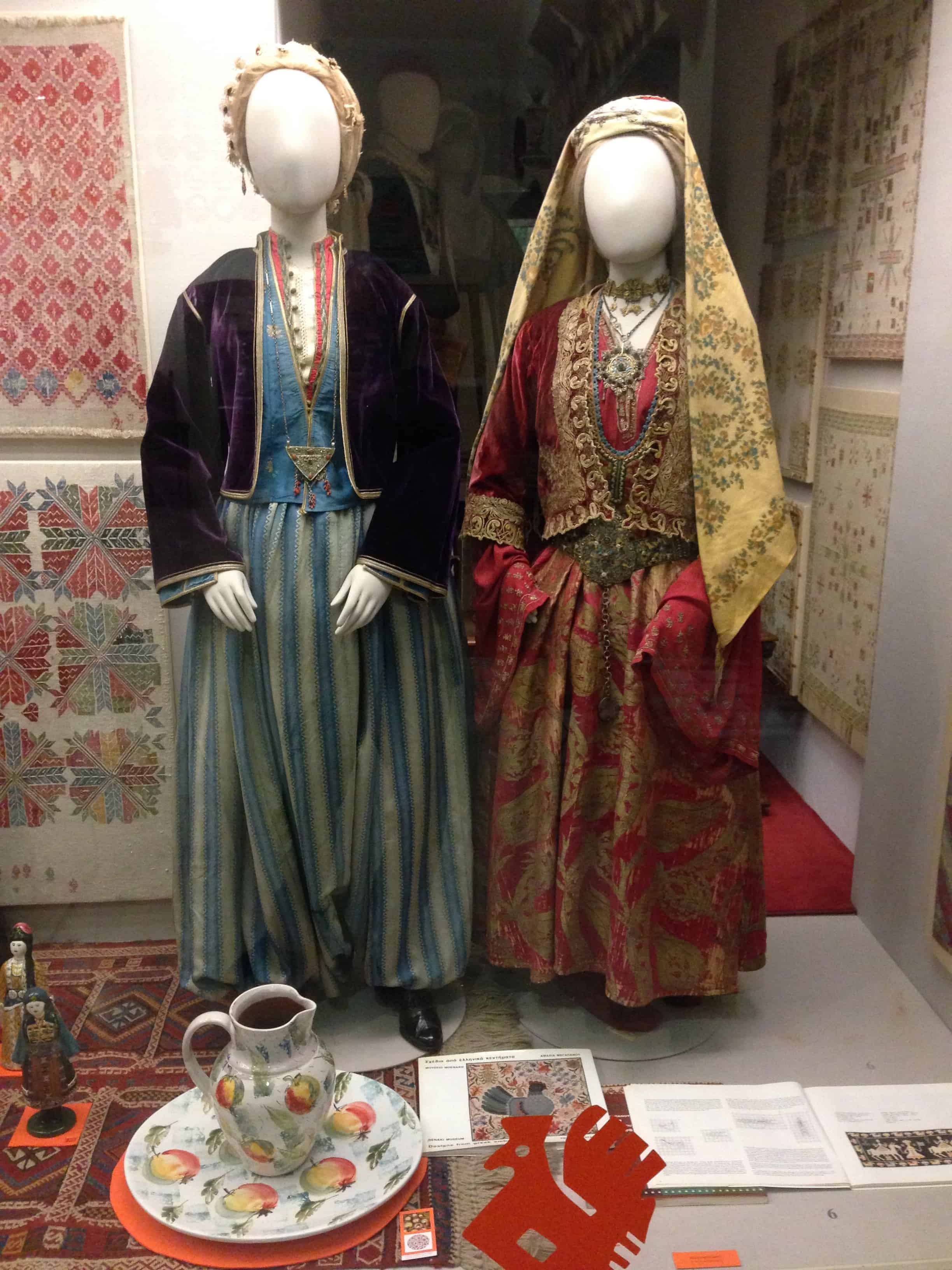 Traditional dress from Pyrgi (left) and Kalamoti (right) in Chios at the Benaki Museum of Greek Culture in Athens, Greece
