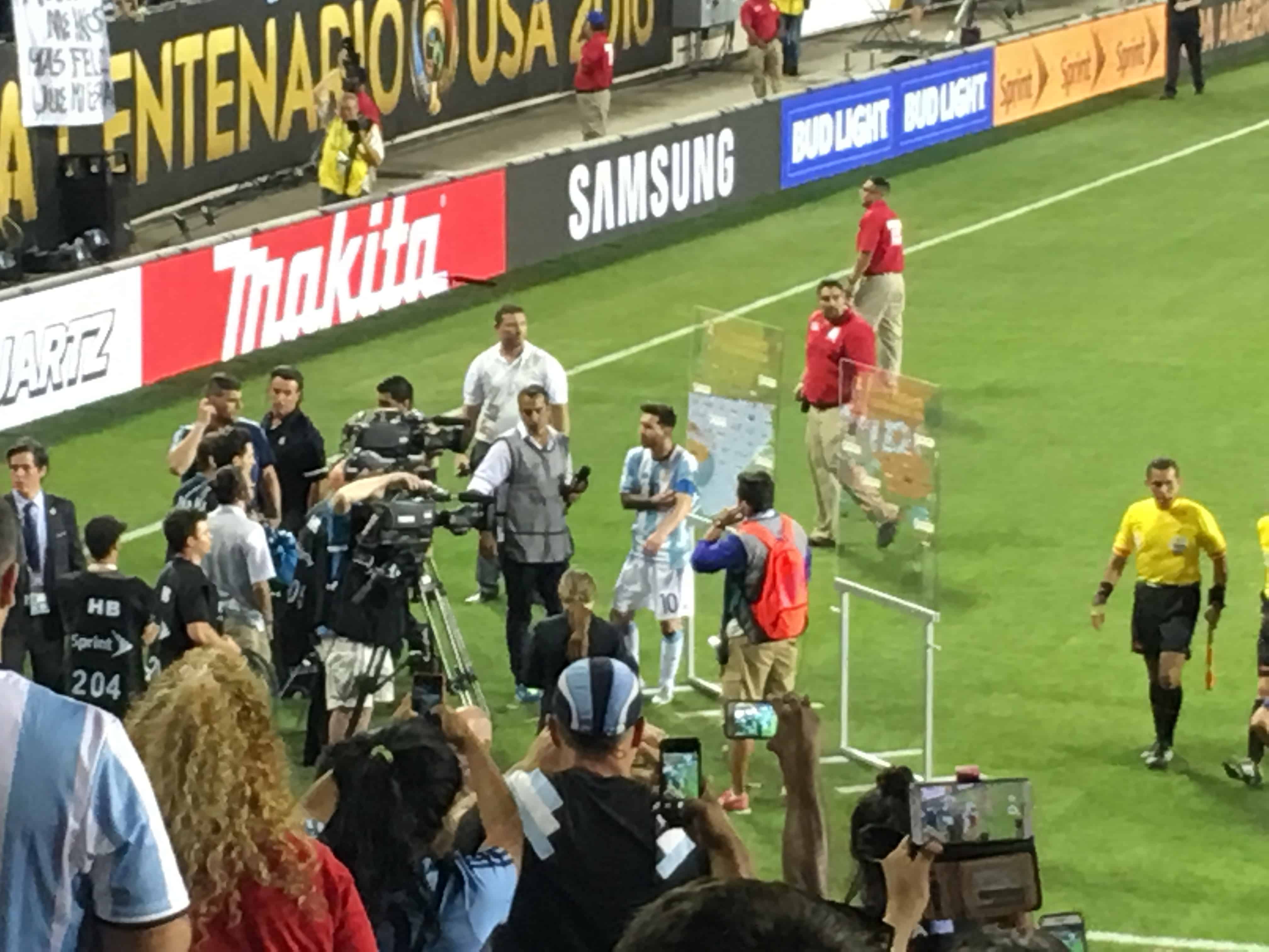 Messi interviewing after the game at Argentina fans at Copa América Centenario USA 2016 at Soldier Field in Chicago, Illinois