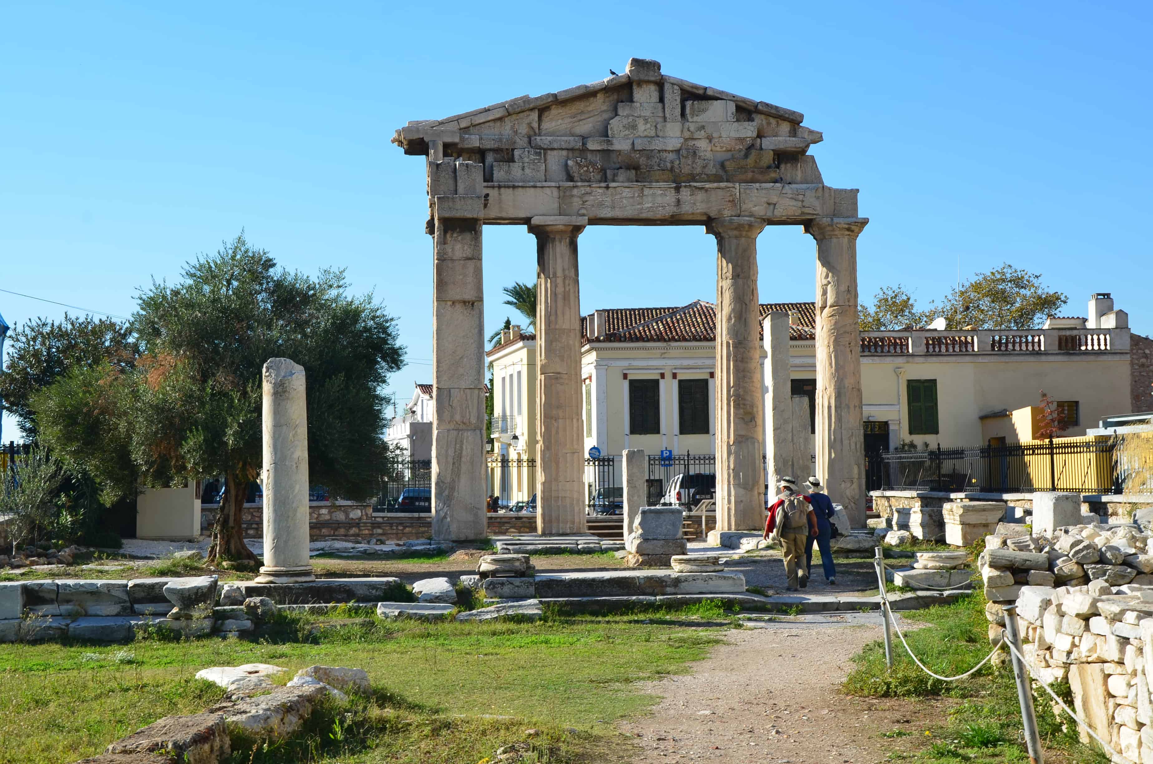 Gate of Athena Archegetis from inside the Roman Agora in Athens, Greece