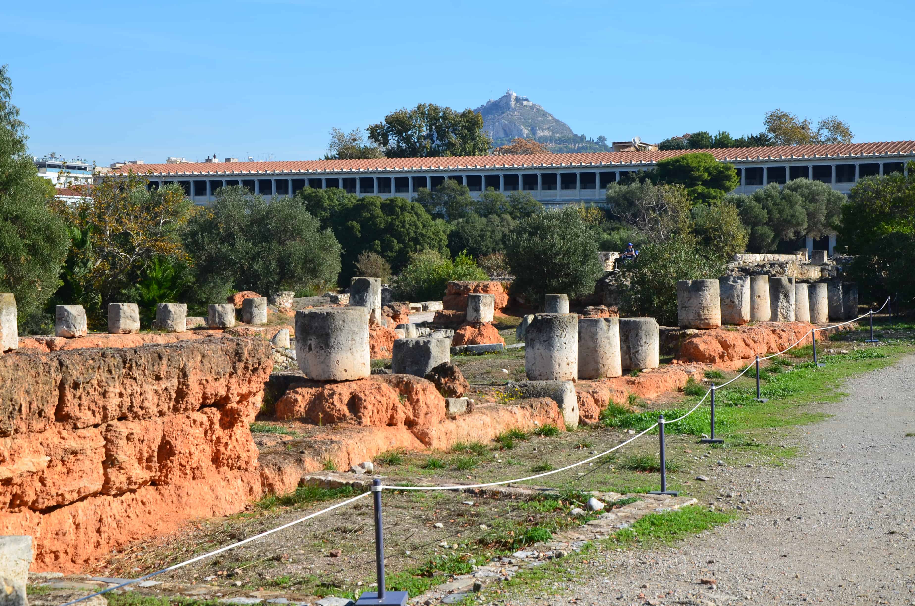 Red stone foundation of the Middle Stoa at the Agora in Athens, Greece