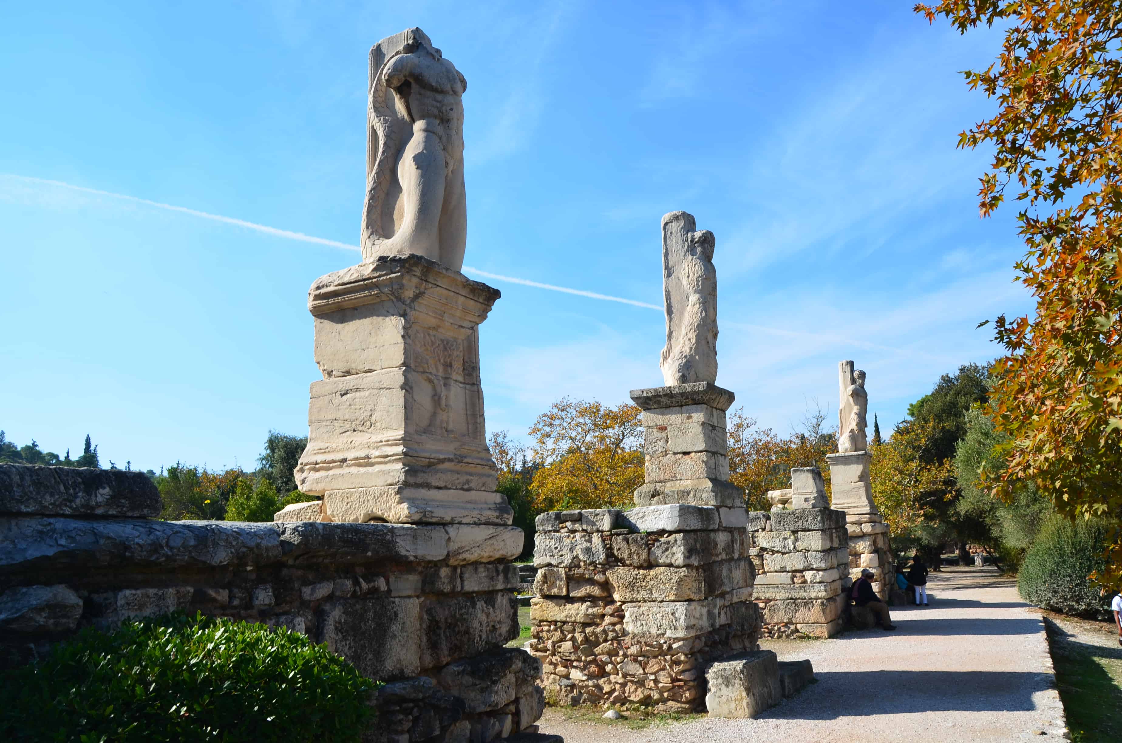 Sculptures on the north stoa of the Odeon of Agrippa at the Agora in Athens, Greece