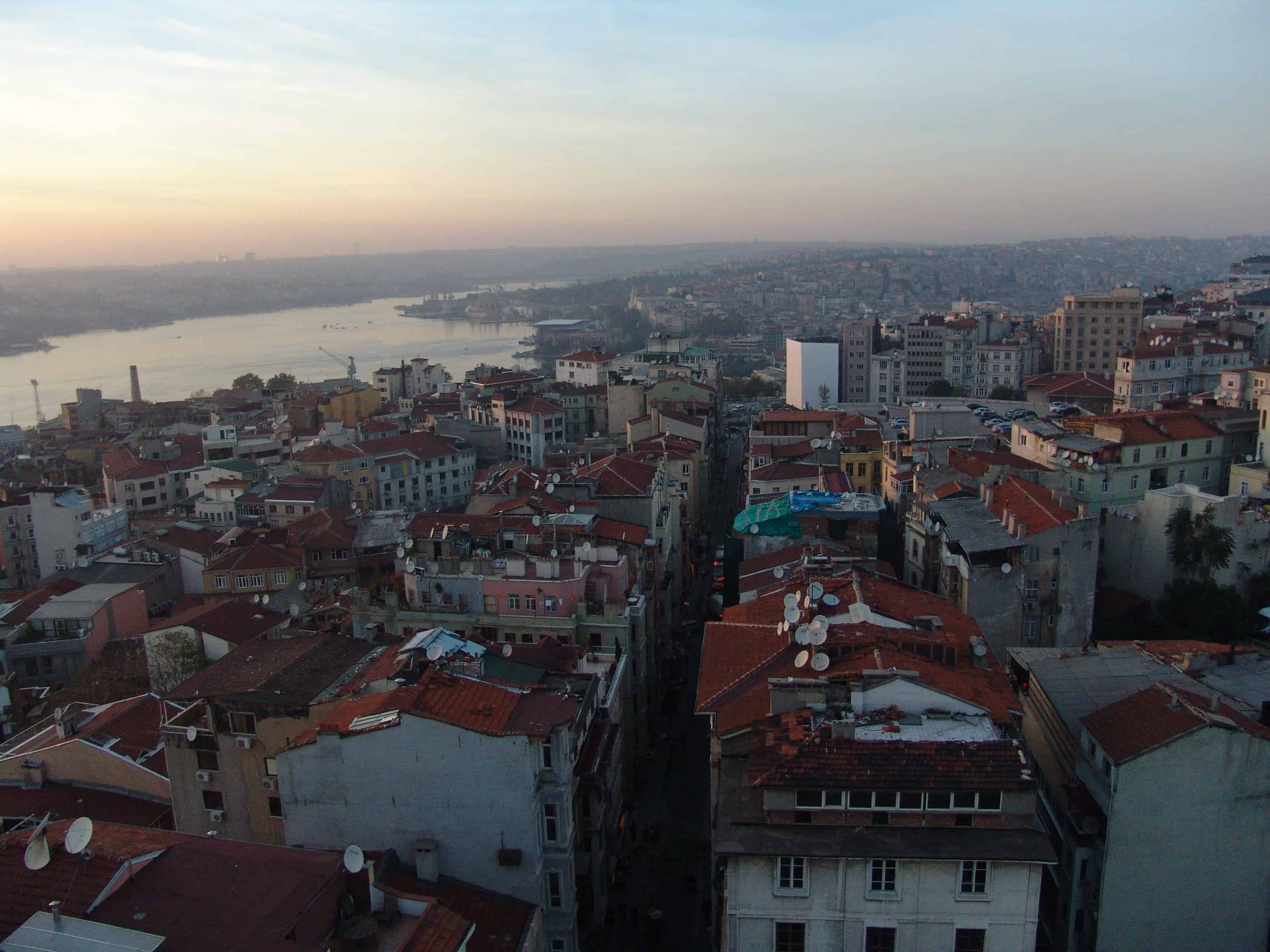 Looking down the Golden Horn from the top of the Galata Tower in Beyoğlu, Istanbul, Turkey