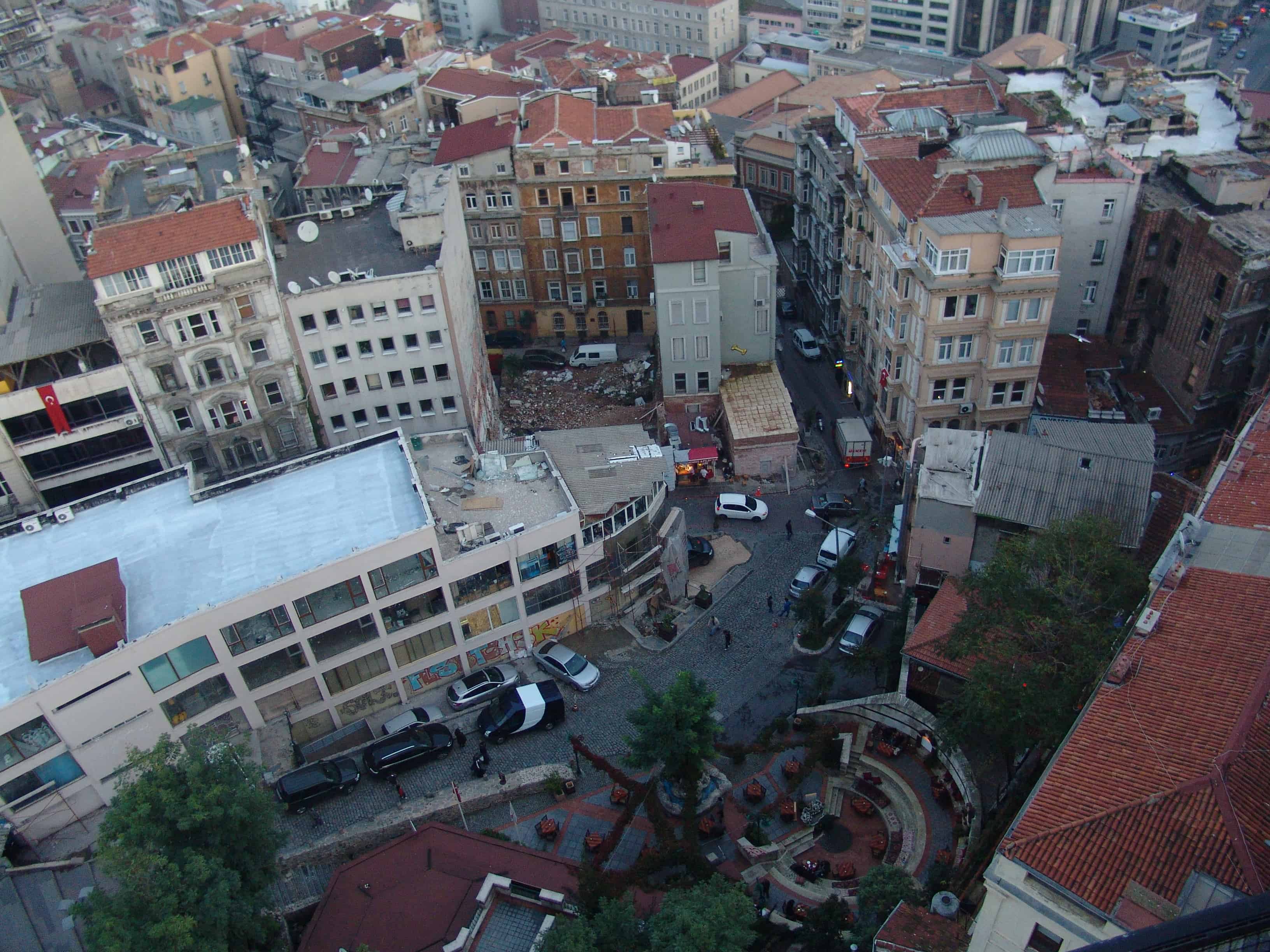 Looking down from the top of the Galata Tower in Beyoğlu, Istanbul, Turkey
