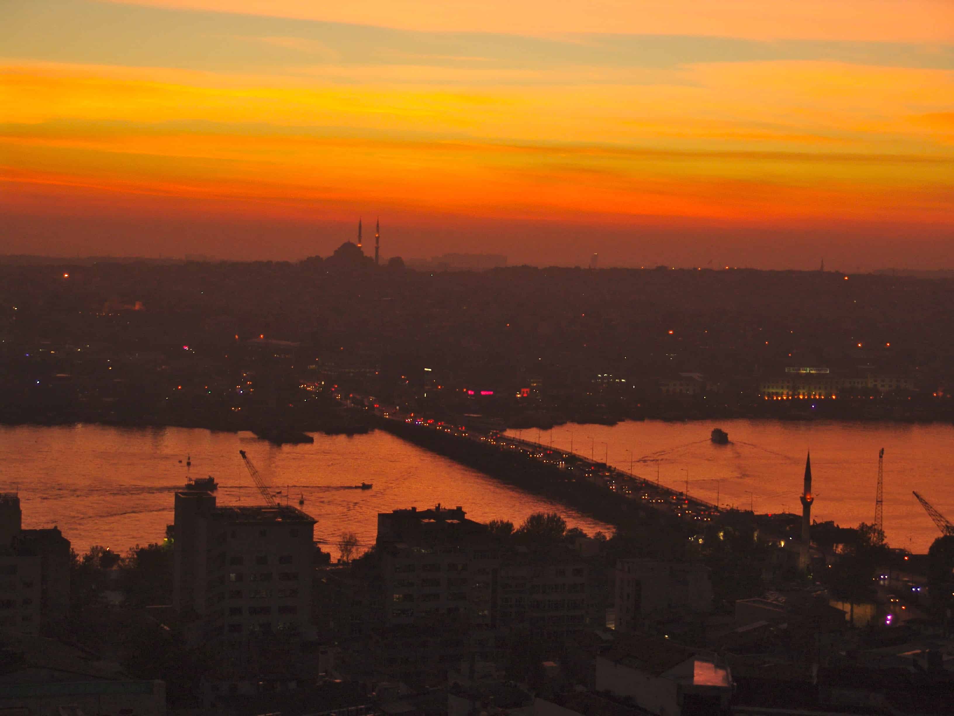 Looking across the Golden Horn at sunset from the top of the Galata Tower in Beyoğlu, Istanbul, Turkey