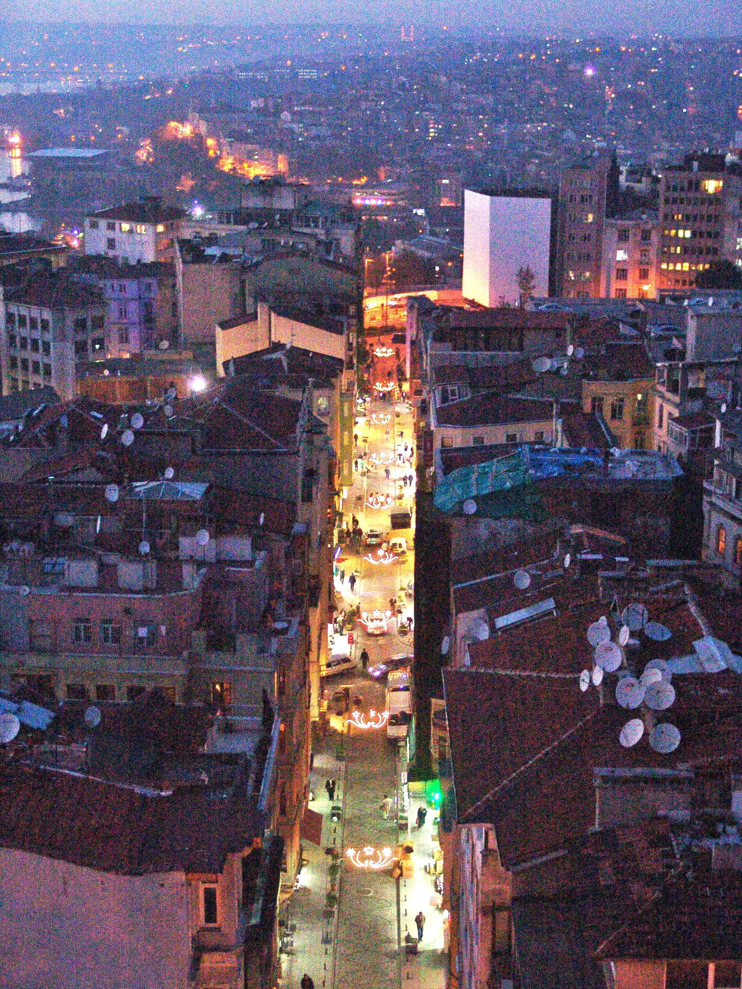 Looking down after sunset from the top of the Galata Tower in Beyoğlu, Istanbul, Turkey