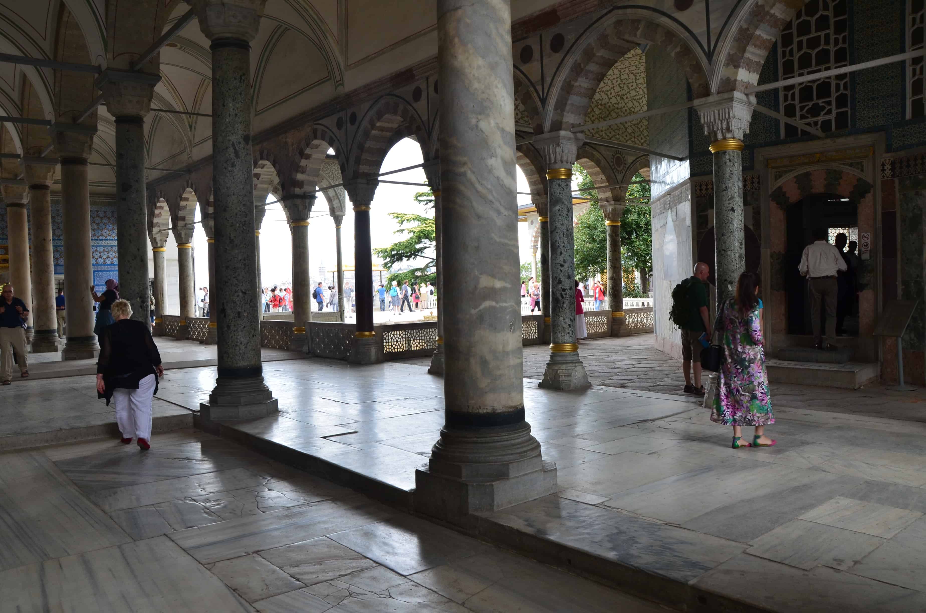 Under the colonnade of the Marble Terrace