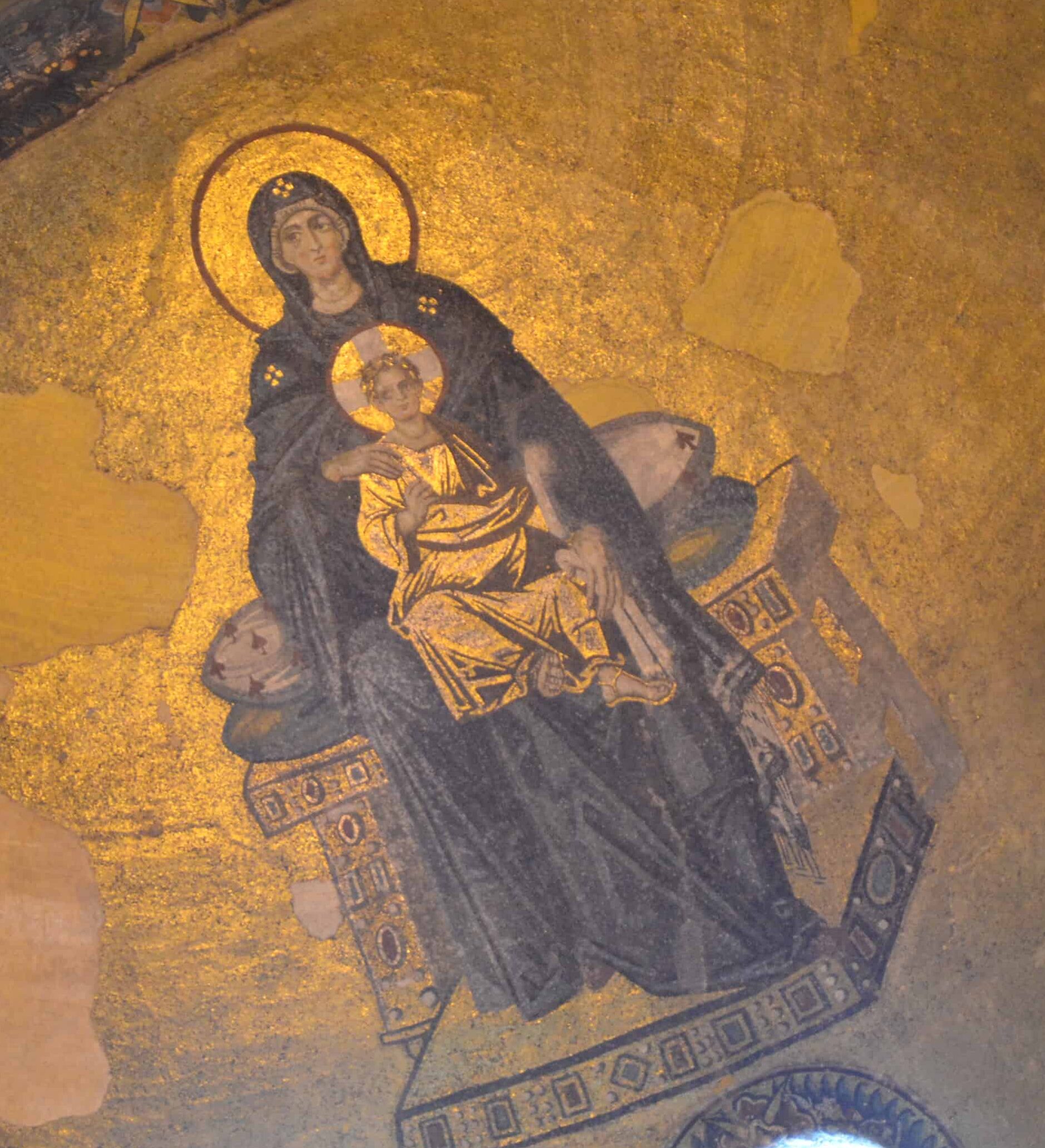 Mosaic of the Virgin and Child in the apse at Hagia Sophia in Istanbul, Turkey