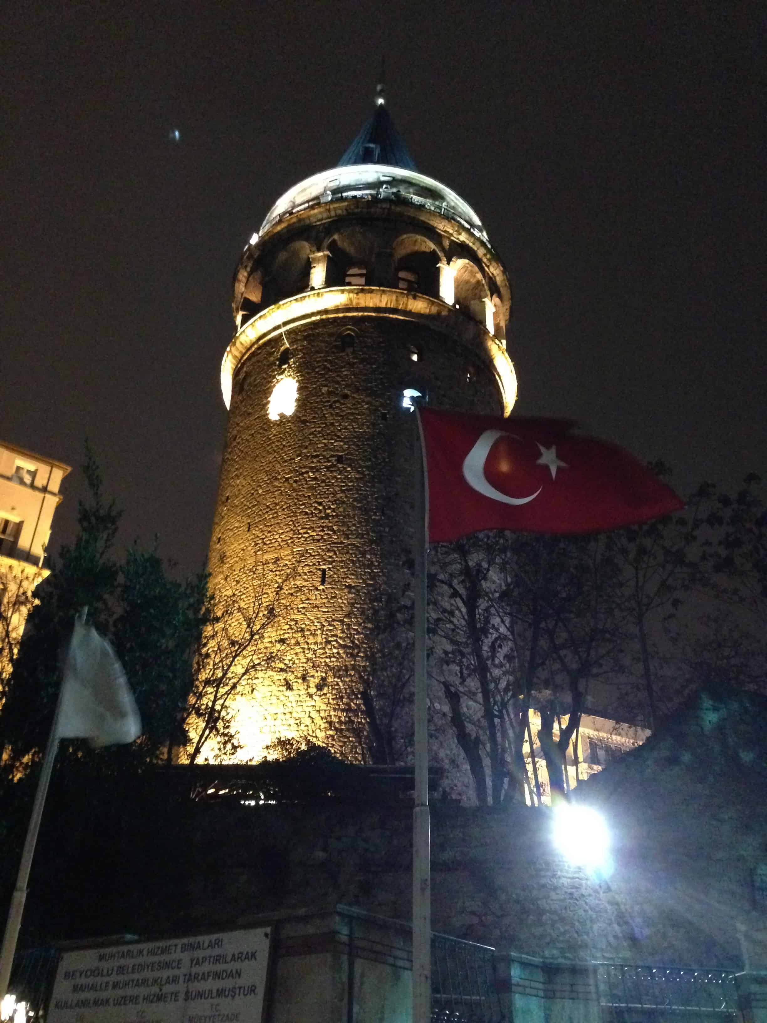 Galata Tower at night in Beyoğlu, Istanbul, Turkey