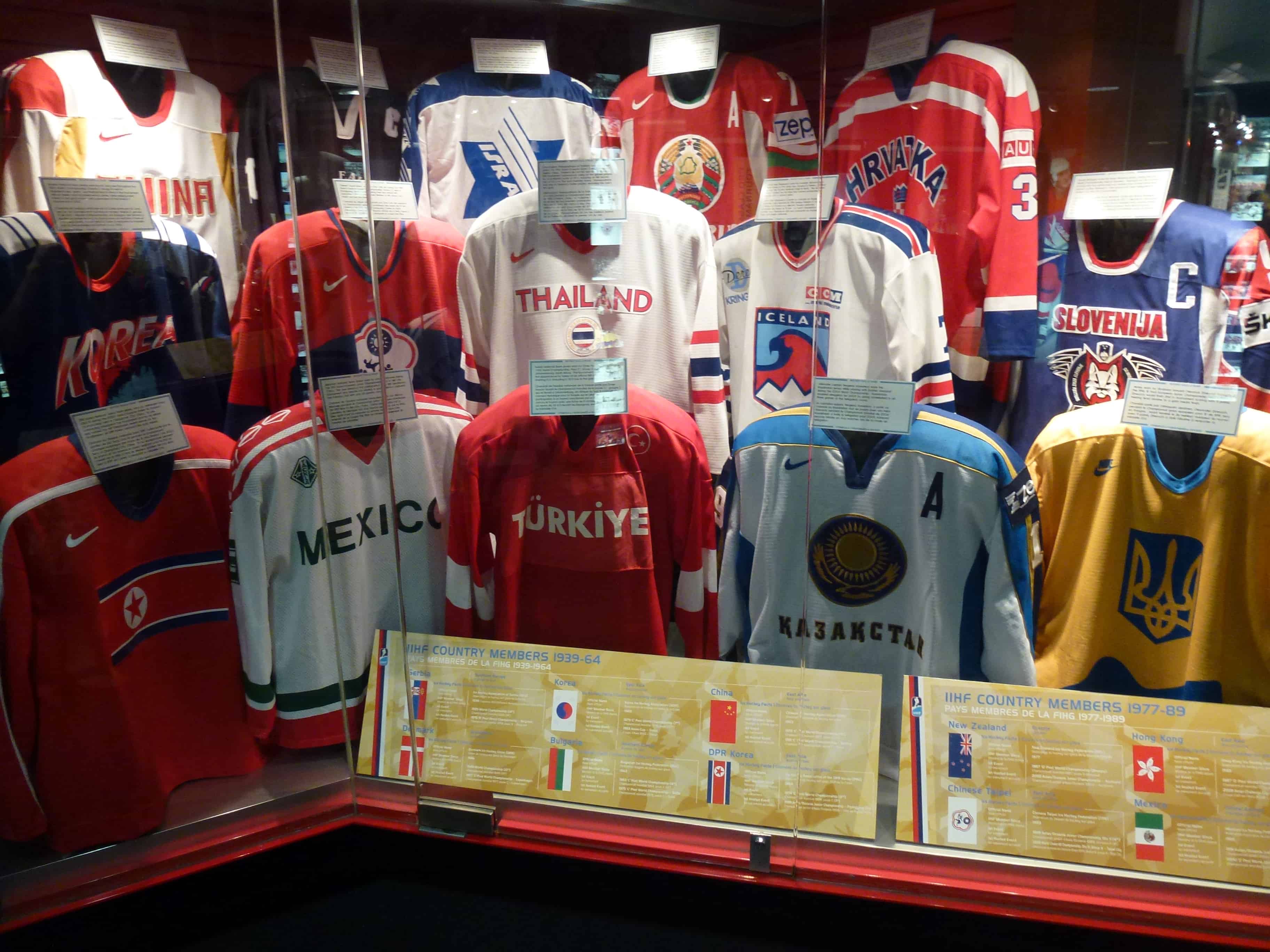 International team jerseys at the Hockey Hall of Fame in Toronto, Ontario, Canada