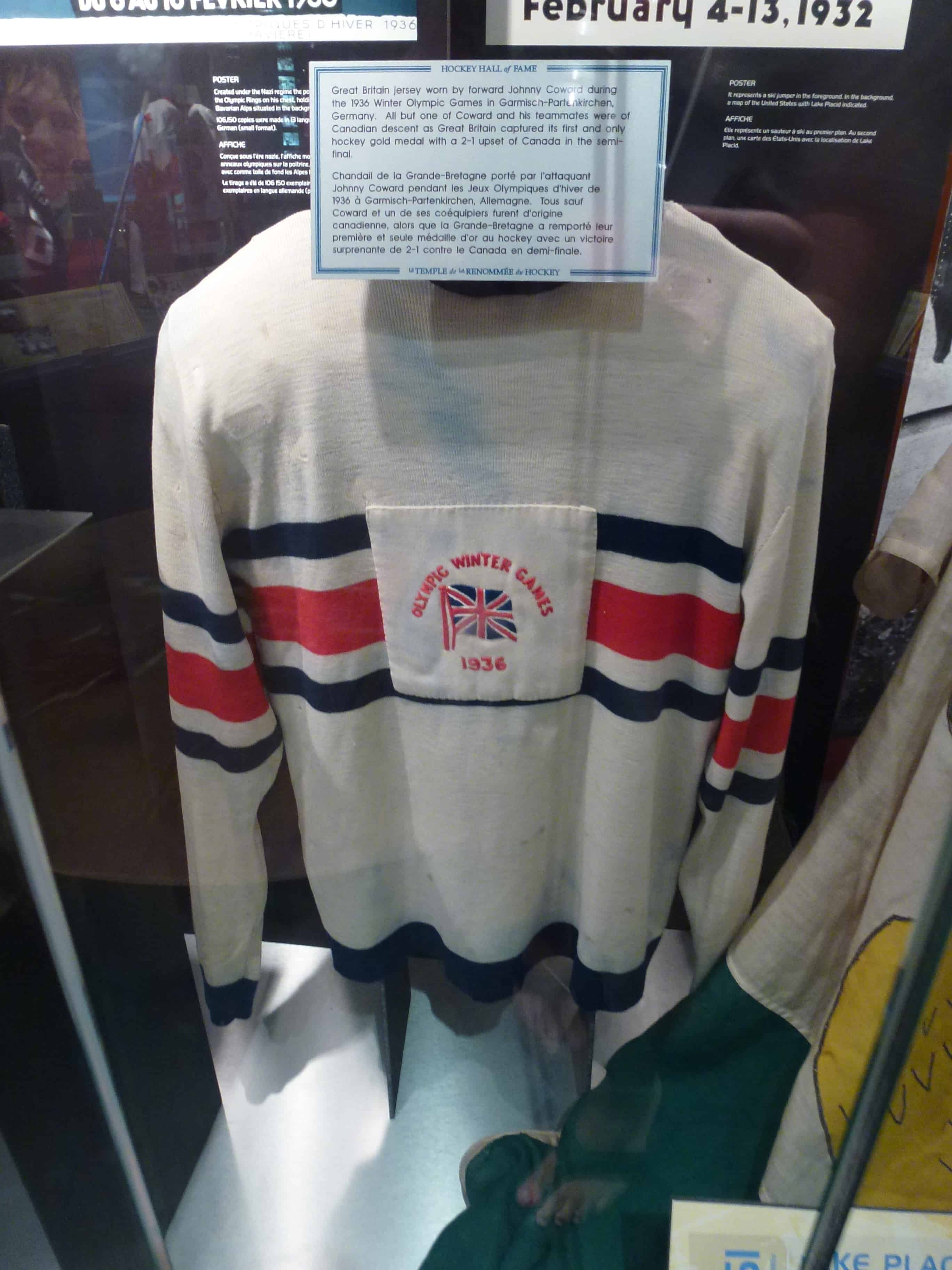 Great Britain 1936 gold medal winning team jersey at the Hockey Hall of Fame in Toronto, Ontario, Canada