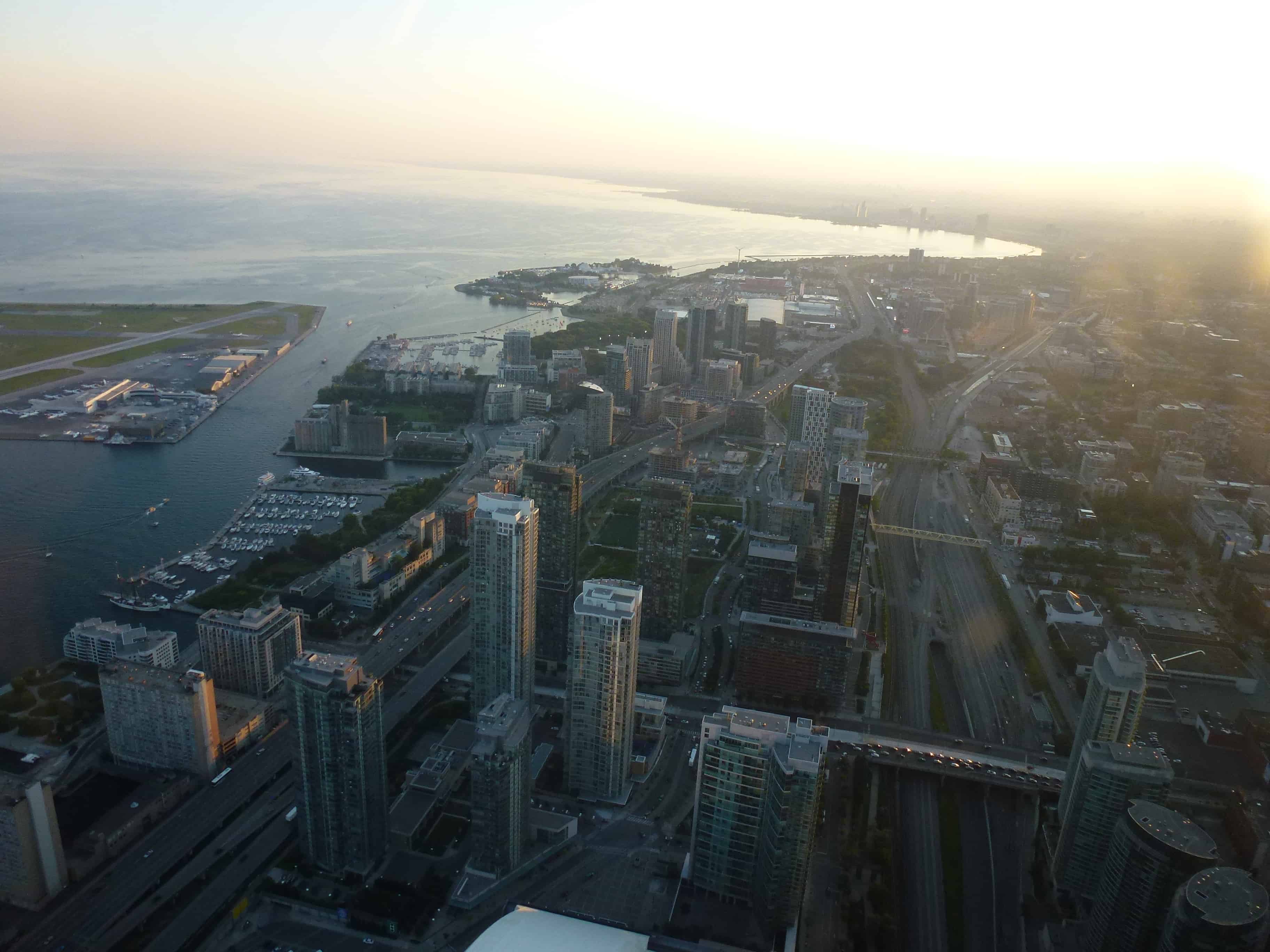 View from the main observation level at the CN Tower in Toronto, Ontario, Canada