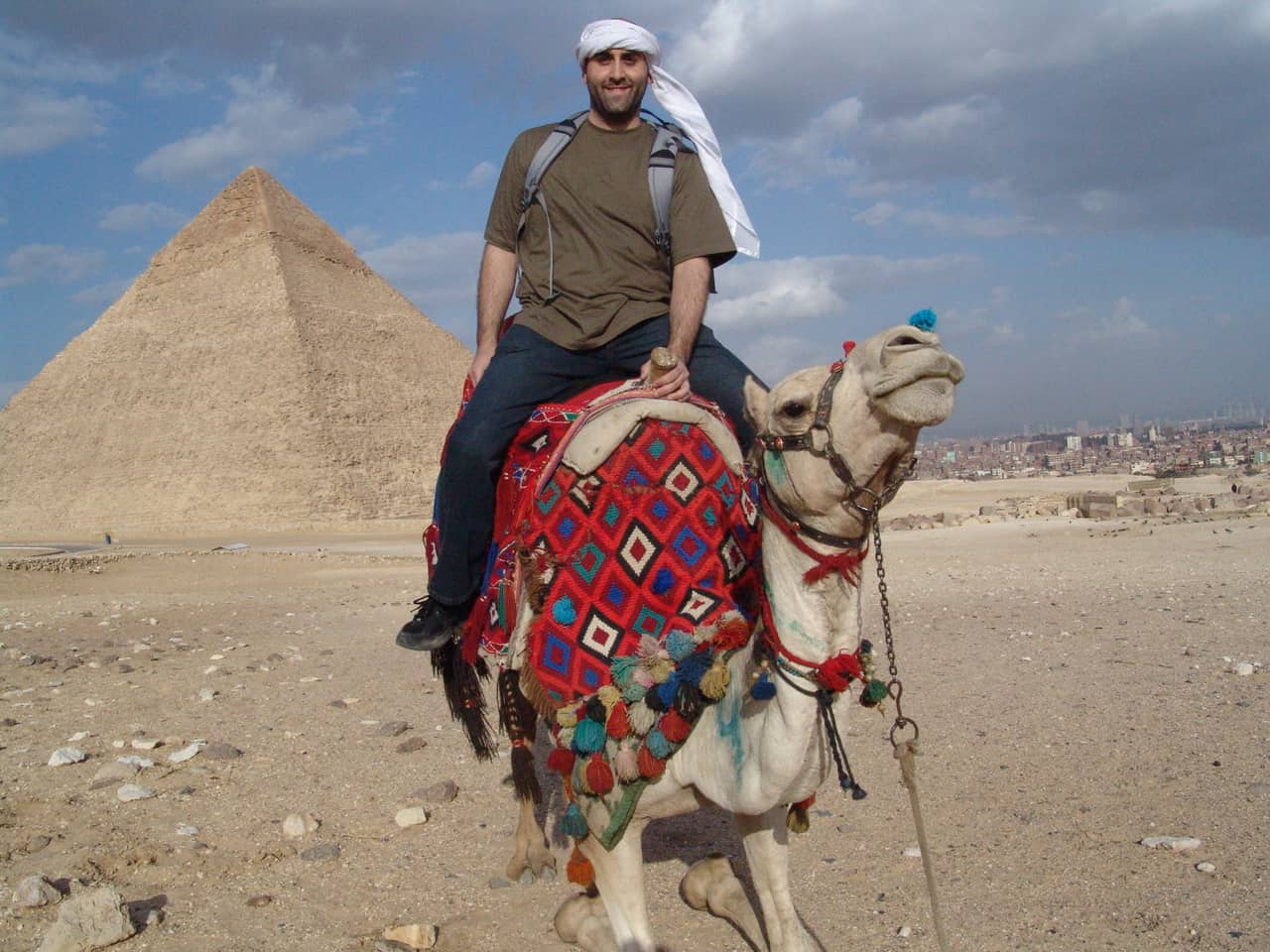 Me on a camel at the Pyramids of Giza in Egypt