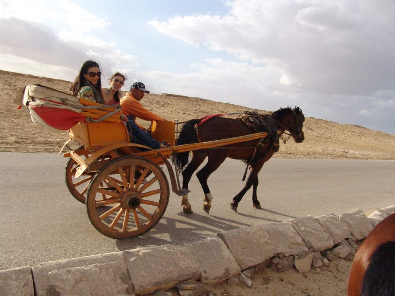 Dana and Maria on a carriage at the Pyramids of Giza in Egypt