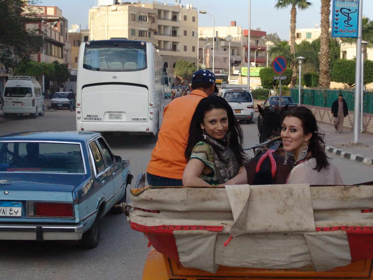 Dana and Maria on a carriage in Giza, Egypt