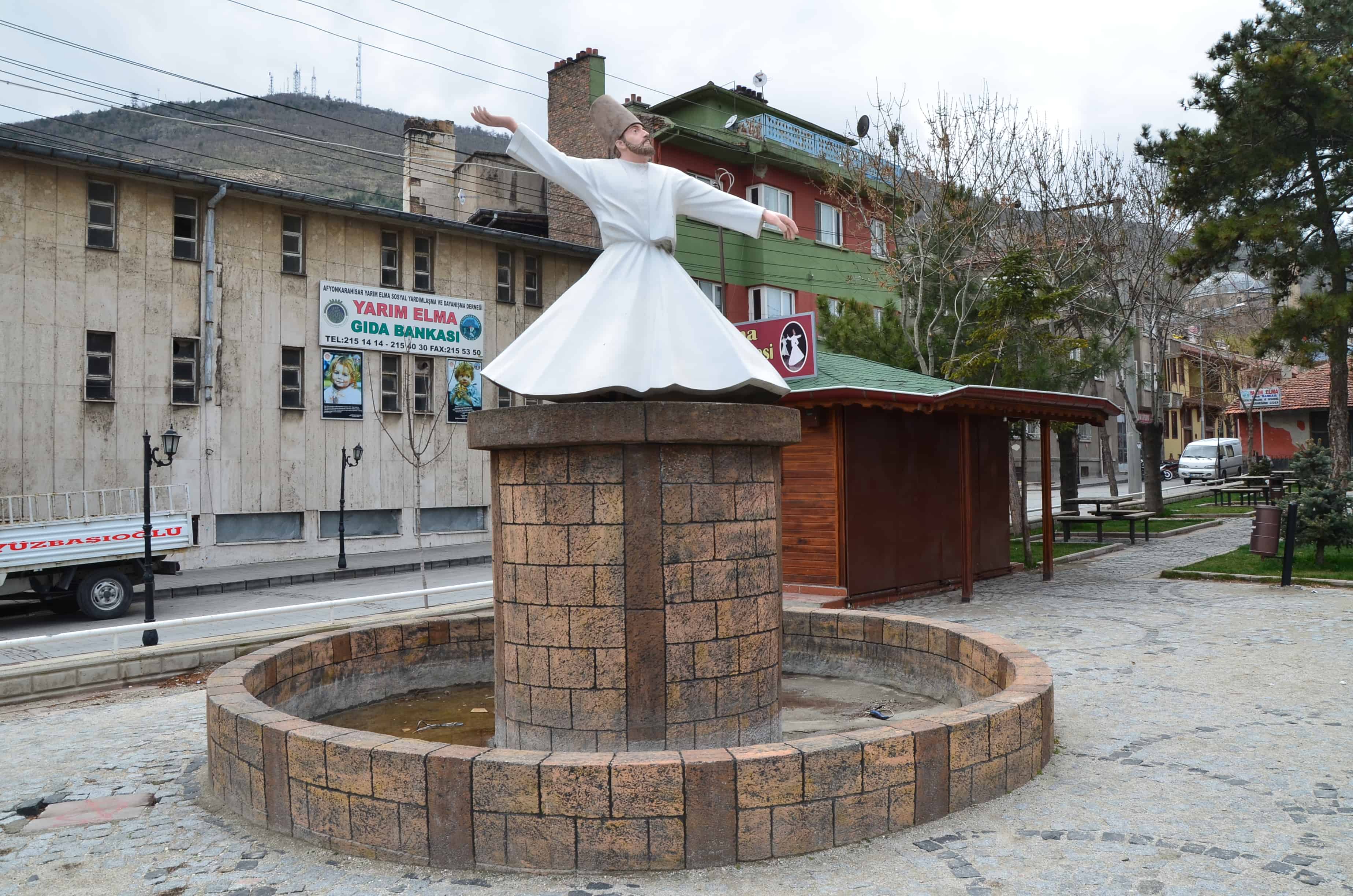 Whirling dervish fountain at the Mevlana Family Tea Garden in Afyon, Turkey