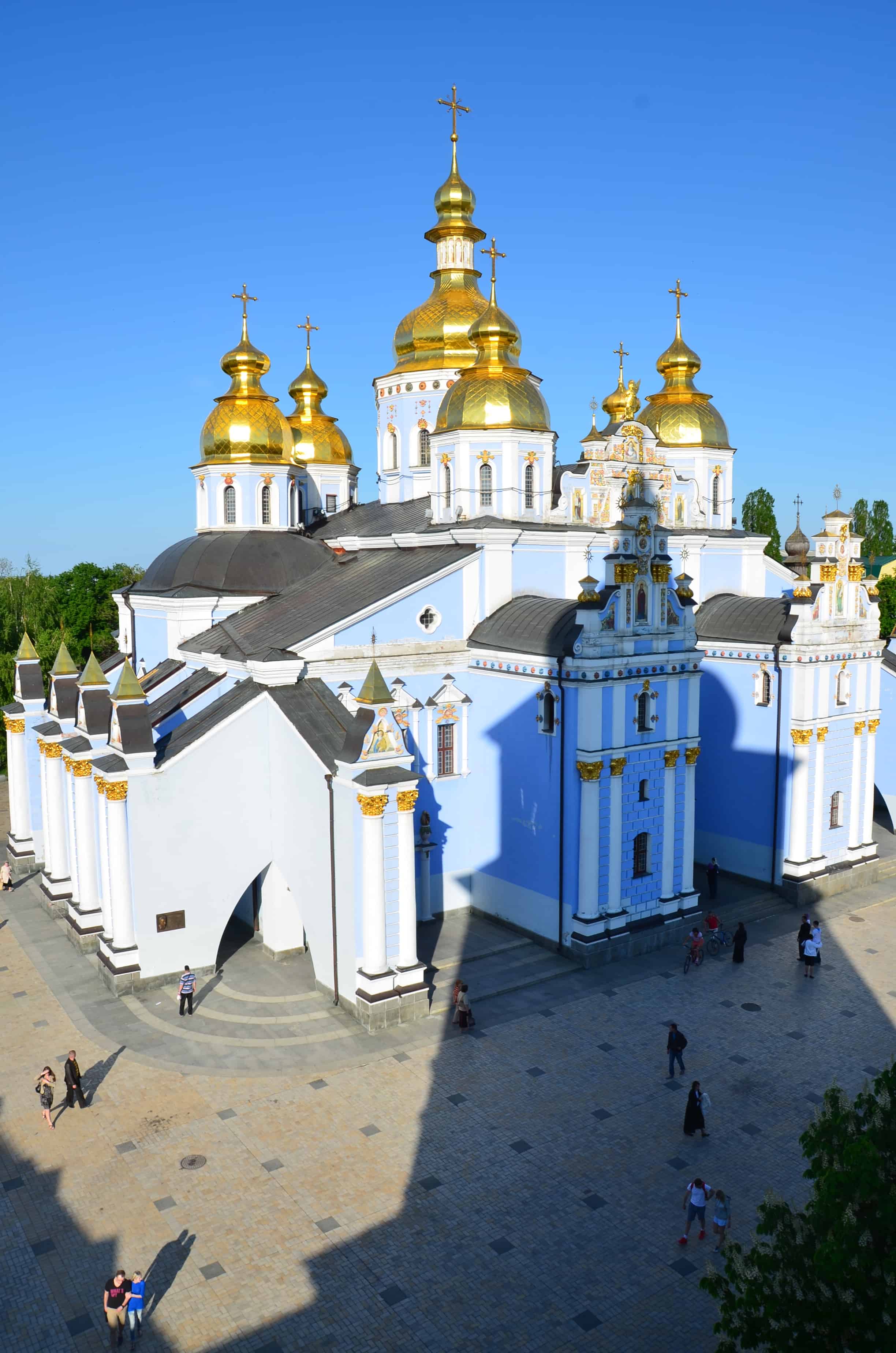 View of St. Michael's Golden-Domed Cathedral from the bell tower at St. Michael's Golden-Domed Monastery in Kyiv, Ukraine