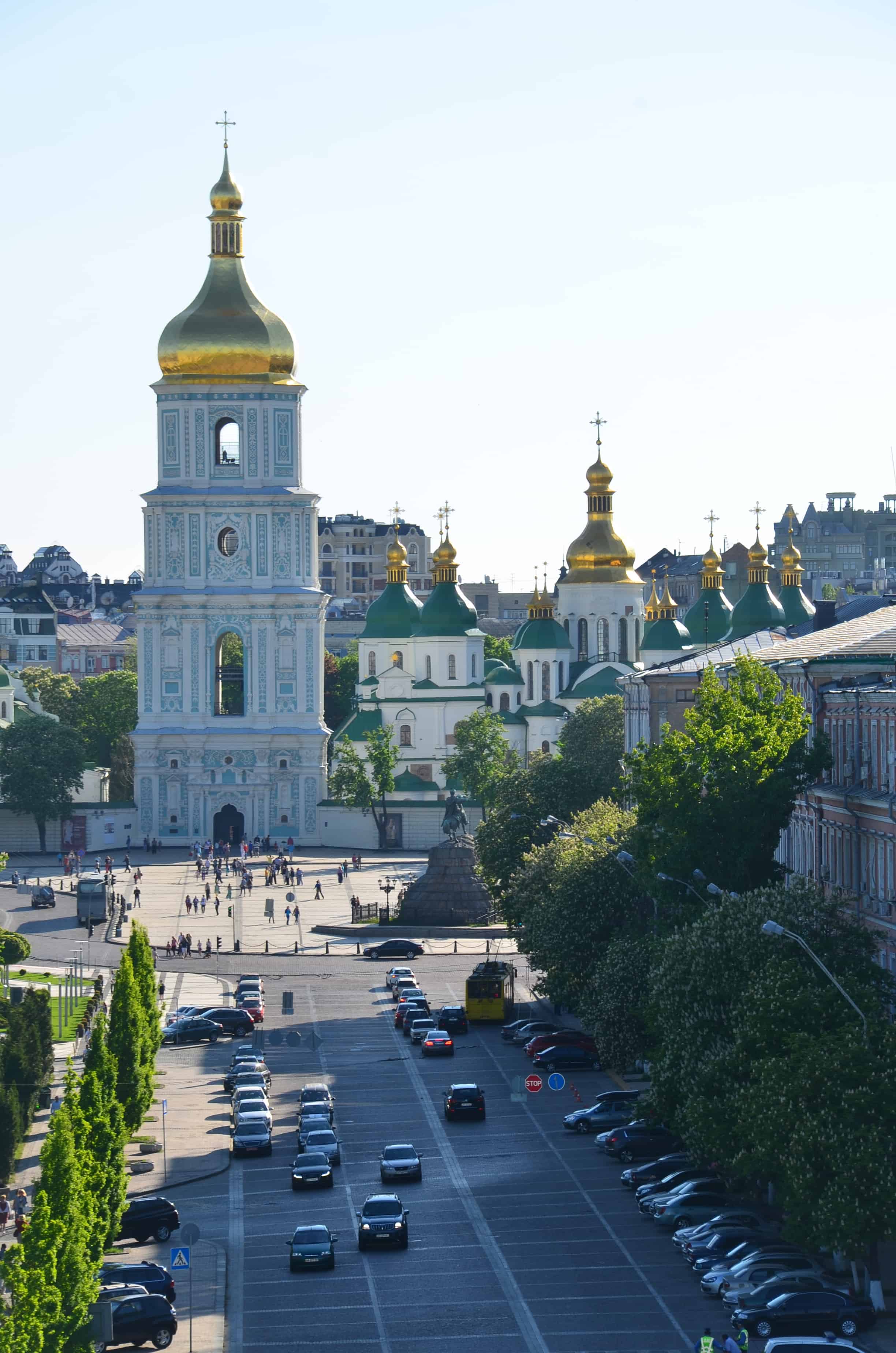 Looking towards St. Sophia Cathedral from the bell tower at St. Michael's Golden-Domed Monastery in Kyiv, Ukraine