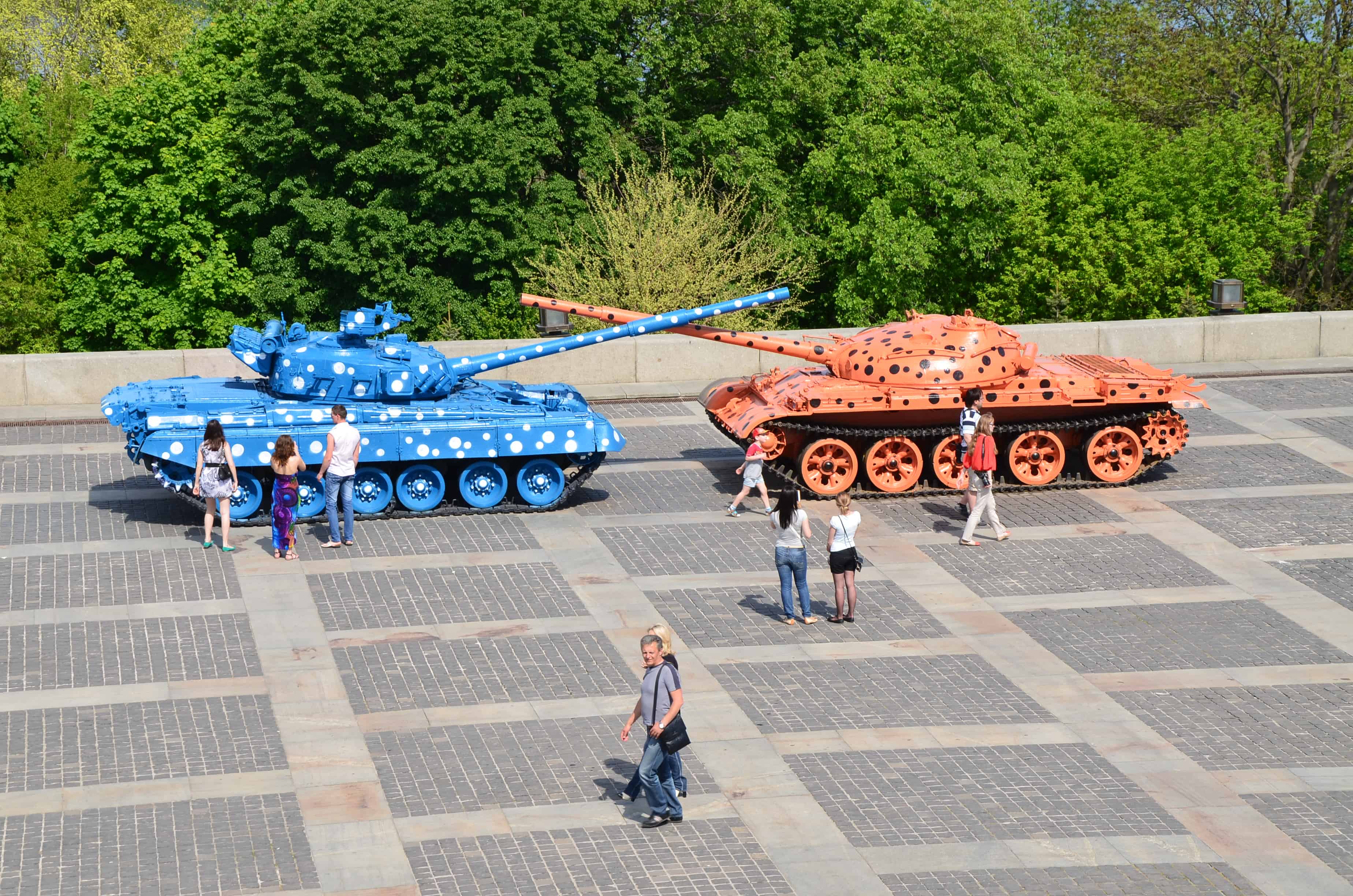 Tanks repainted for peace at the National Museum of the History of Ukraine in the Second World War Memorial Complex in Kyiv, Ukraine