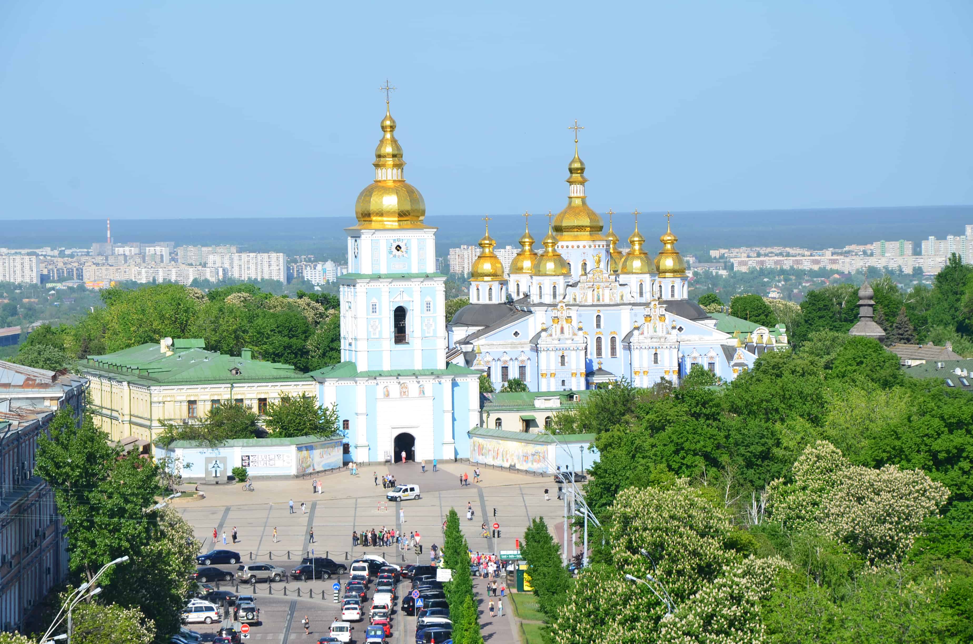 View of St. Michael's Golden-Domed Monastery from the bell tower at Saint Sophia Cathedral complex in Kyiv, Ukraine