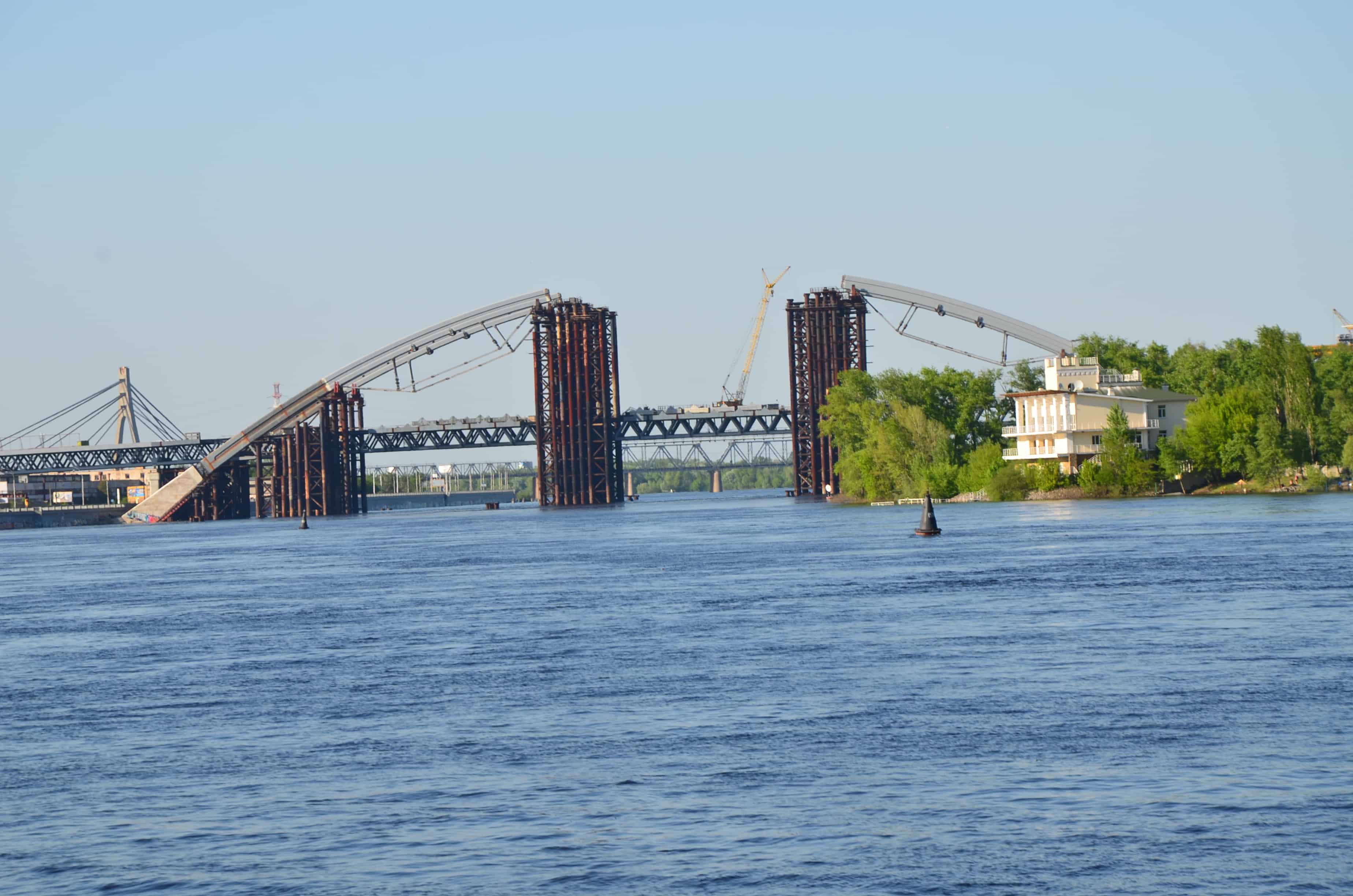 Podilsko-Voskresenskyi Bridge on the Dnieper River cruise in Kyiv, Ukraine