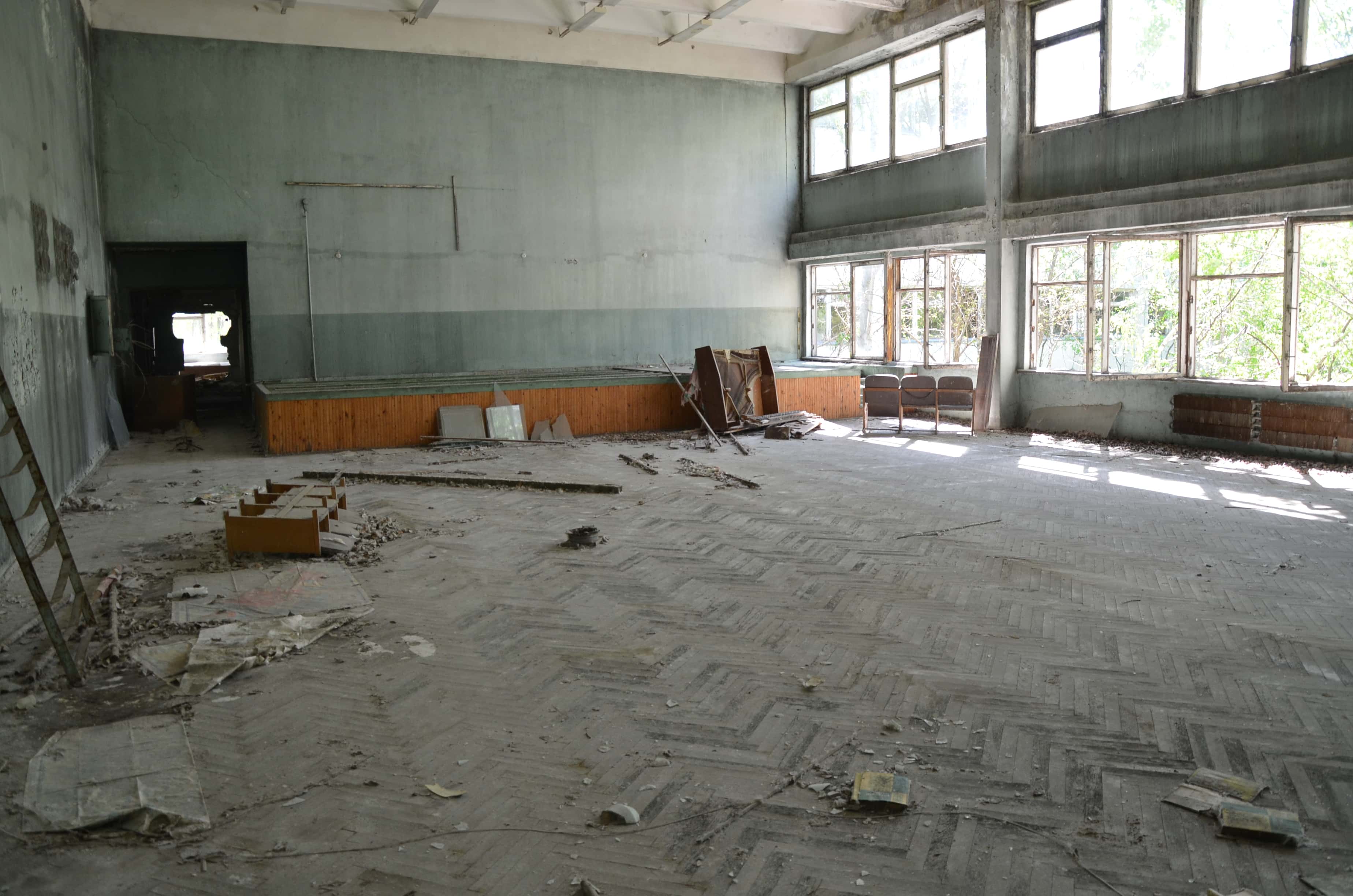 Performance hall at Middle School #5 in Pripyat, Chernobyl Exclusion Zone, Ukraine