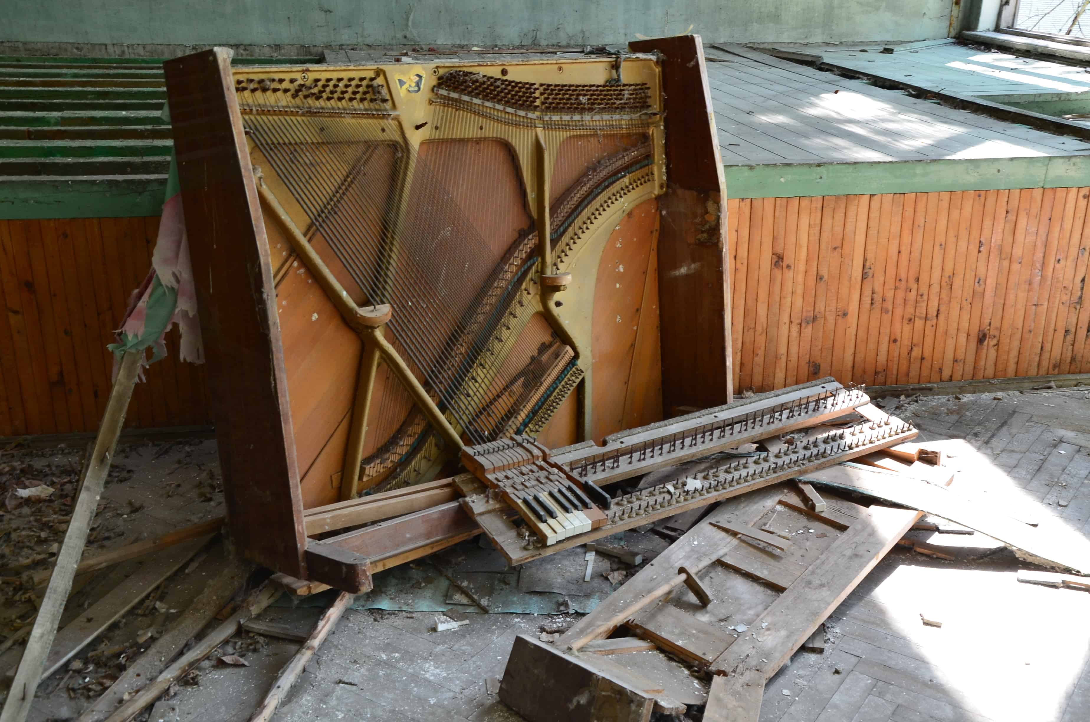 Performance hall at Middle School #5 in Pripyat, Chernobyl Exclusion Zone, Ukraine