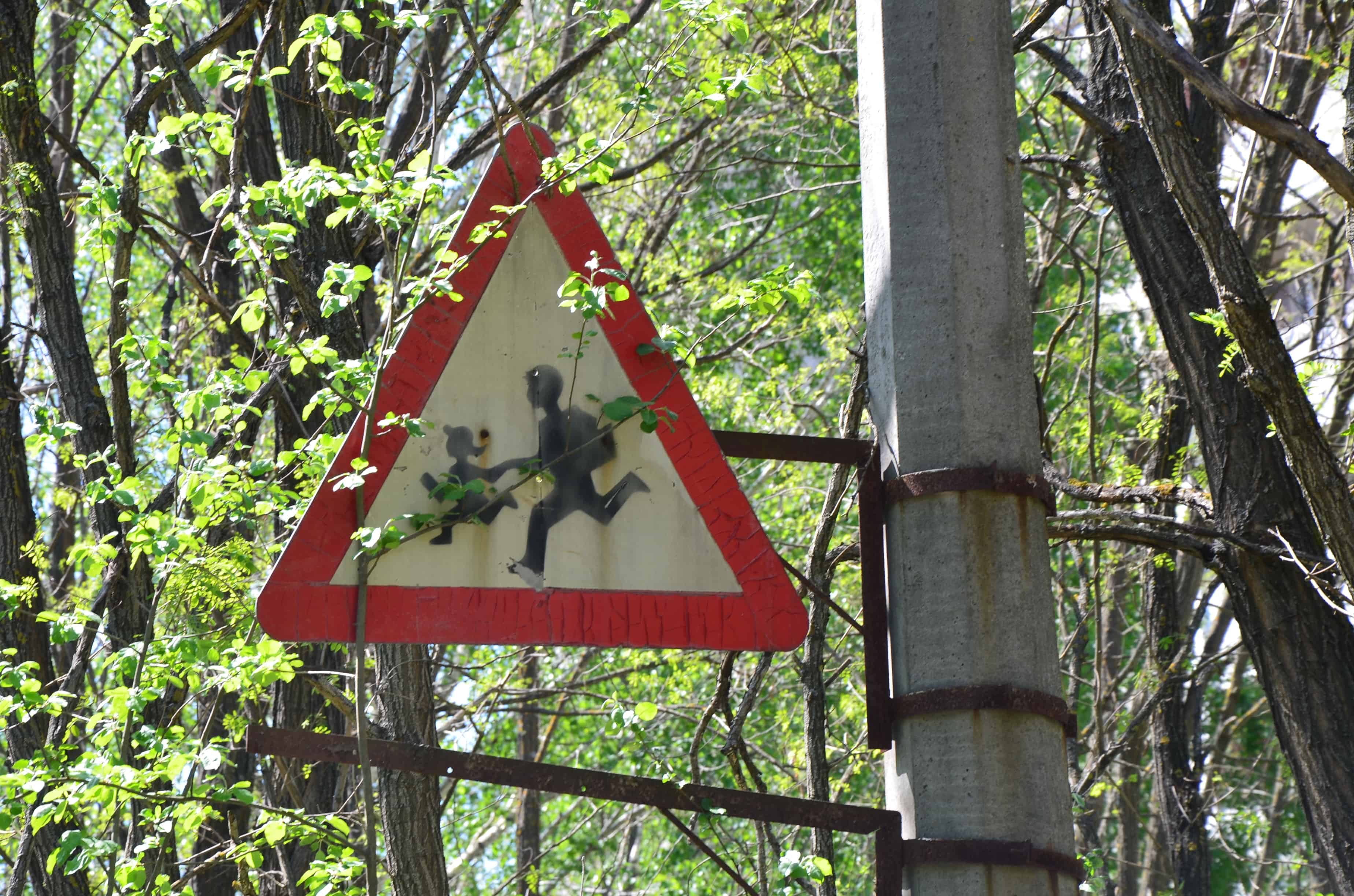 School zone sign in Pripyat, Chernobyl Exclusion Zone, Ukraine