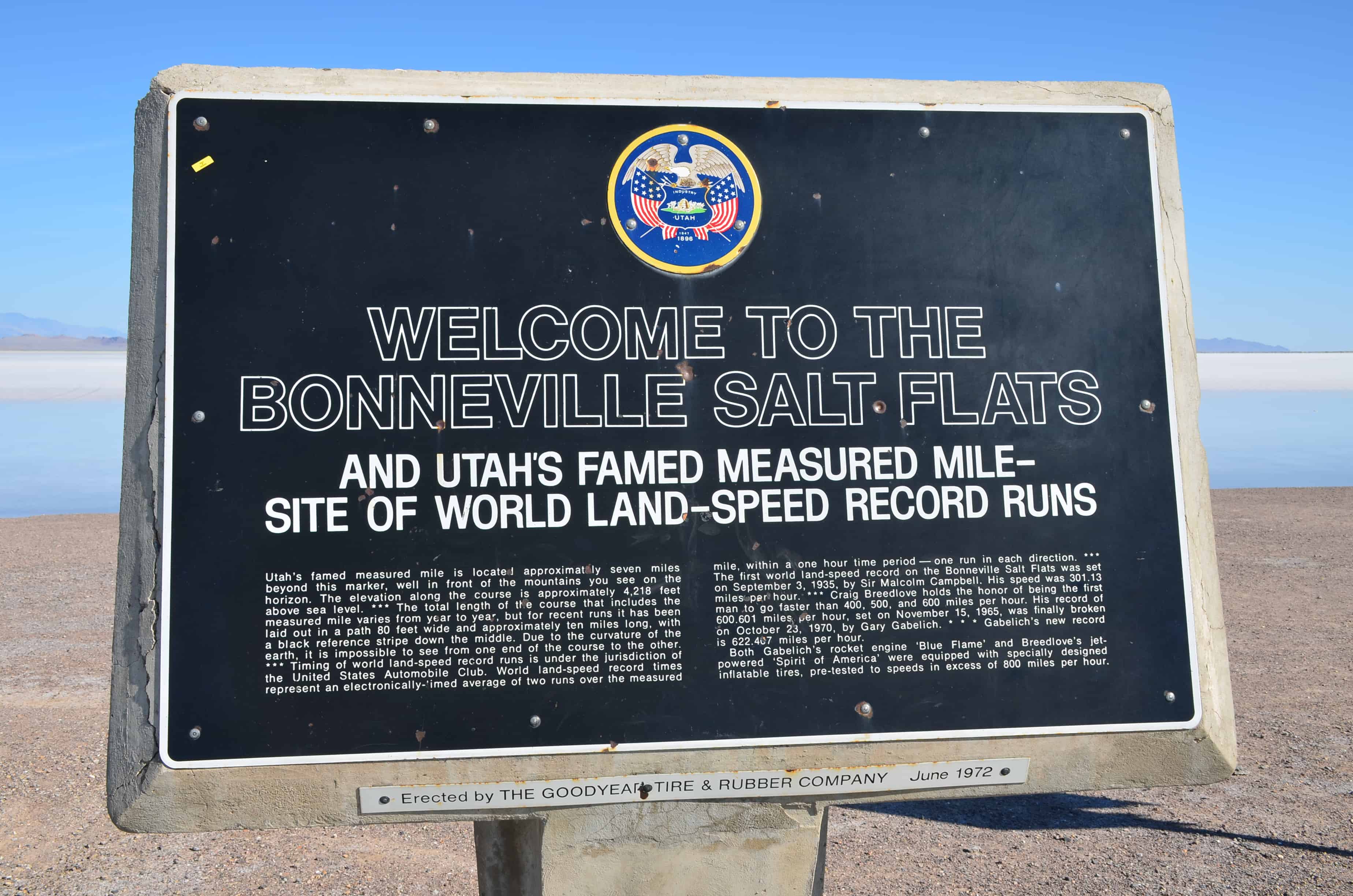Welcome sign at the Bonneville Salt Flats in Utah