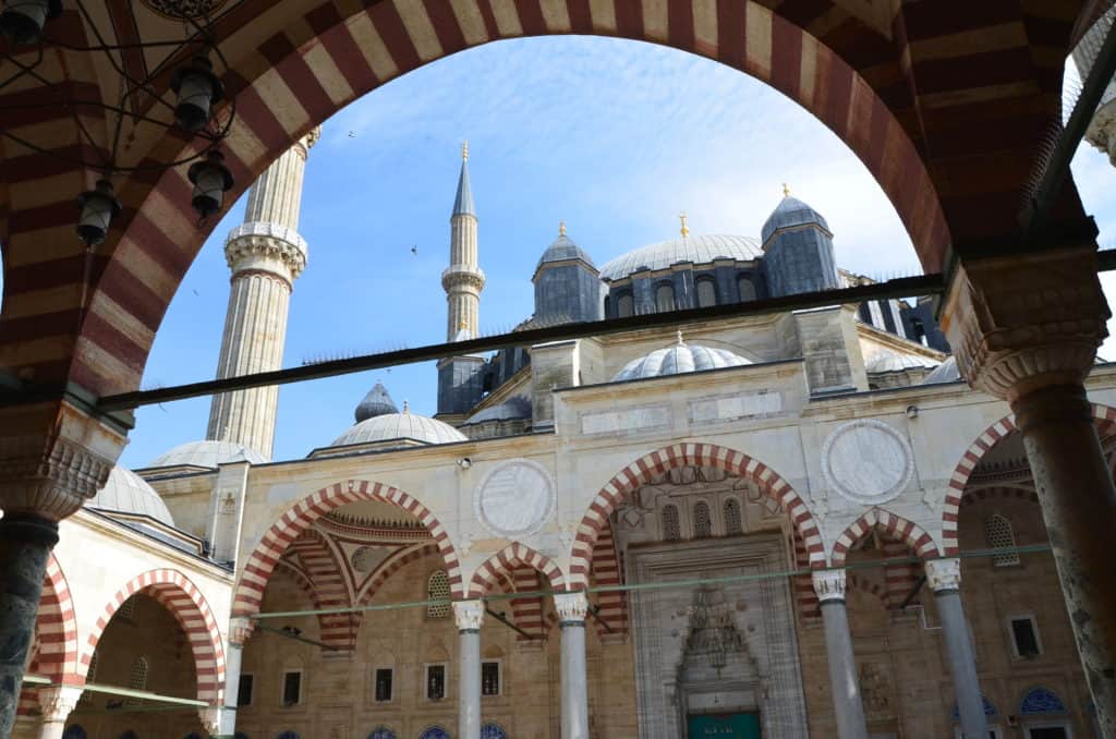 Looking at the Selimiye Mosque from under the portico in the courtyard in Edirne, Turkey