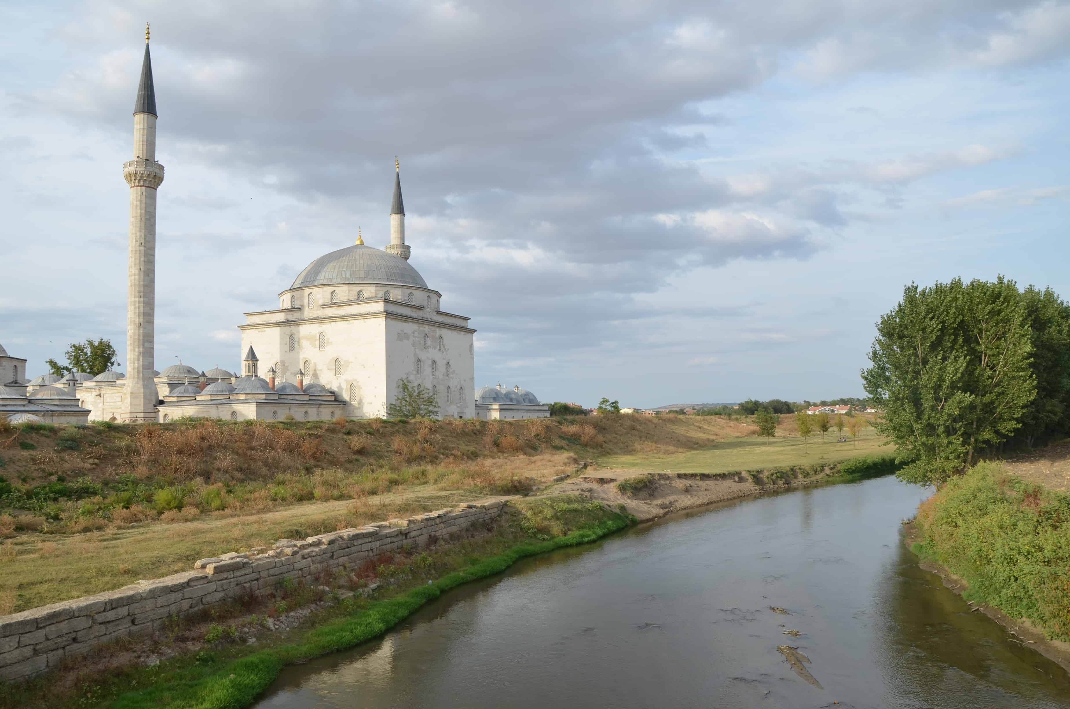 View of the Bayezid II Mosque while crossing the Bayezid II Bridge in Edirne, Turkey