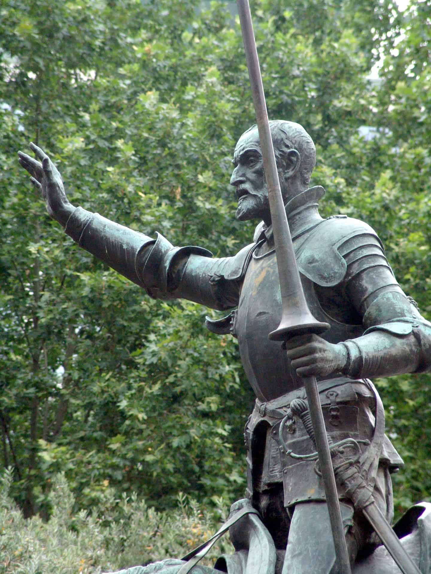 Don Quixote statue on the Cervantes monument at Plaza de España in Madrid, Spain