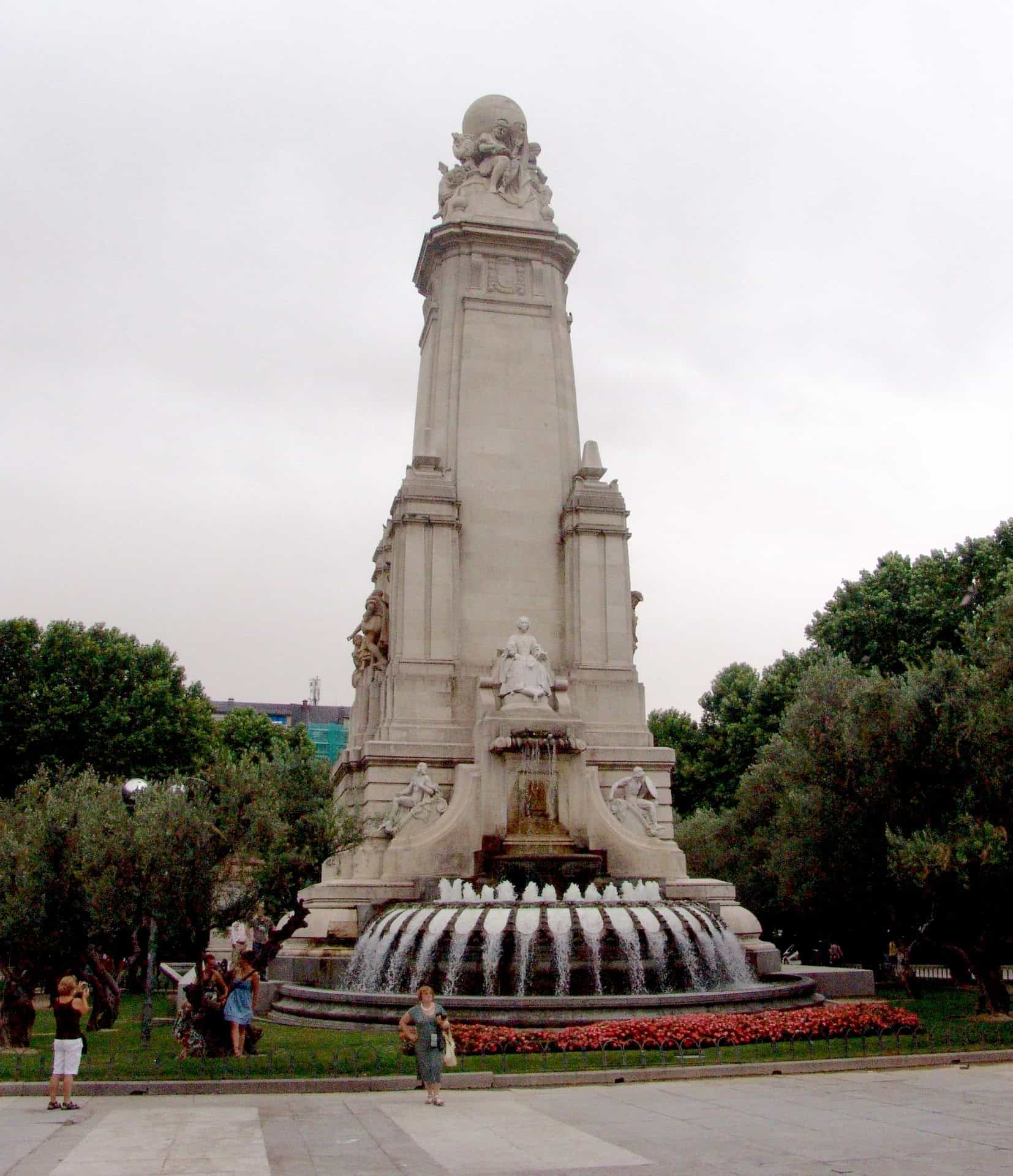 Rear of the Cervantes monument at Plaza de España in Madrid, Spain