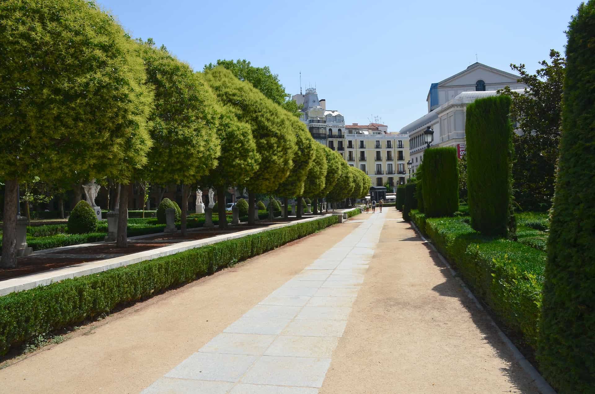 A path through the Central Gardens at Plaza de Oriente in the Historic Center of Madrid, Spain