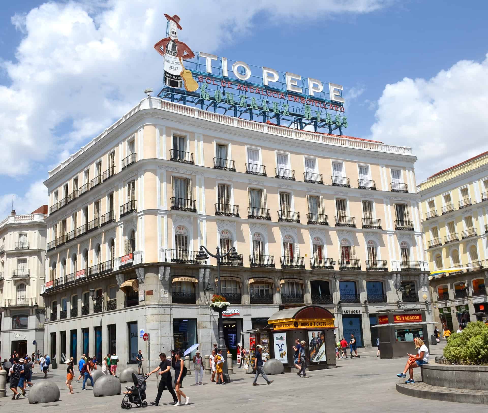 Building with the Tío Pepe sign at Puerta del Sol in the Historic Center of Madrid, Spain