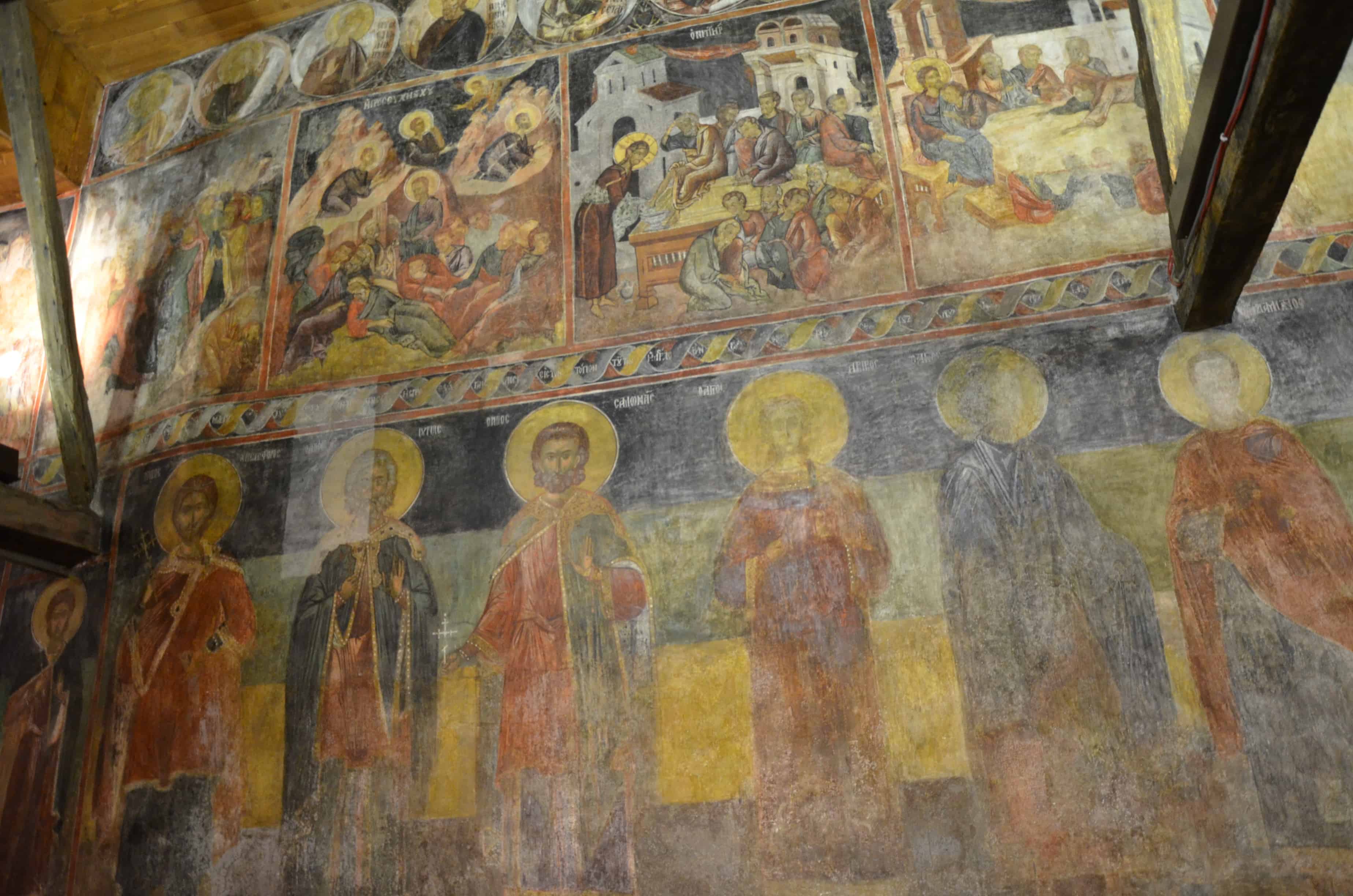 Biblical scenes (top) and saints (bottom) in the nave at the Church of Saint Stephen in Nessebar, Bulgaria