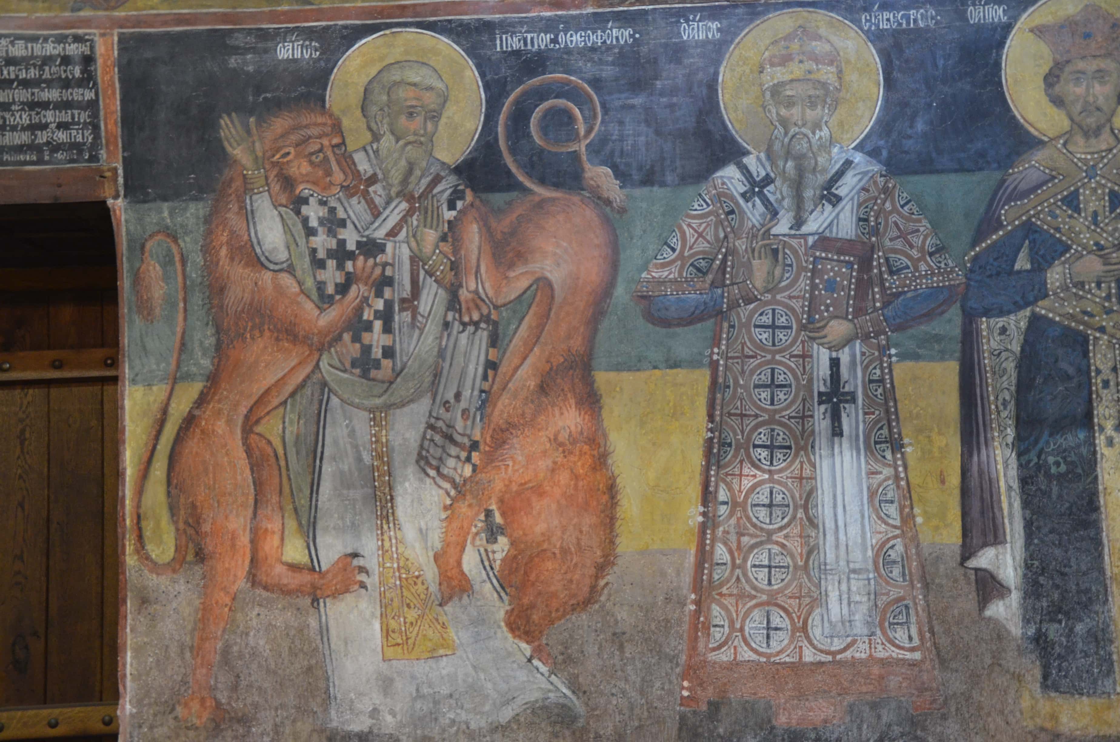 Saint Ignatius Theophorus (left) and Saint Sylvester (right) in the nave at the Church of Saint Stephen in Nessebar, Bulgaria