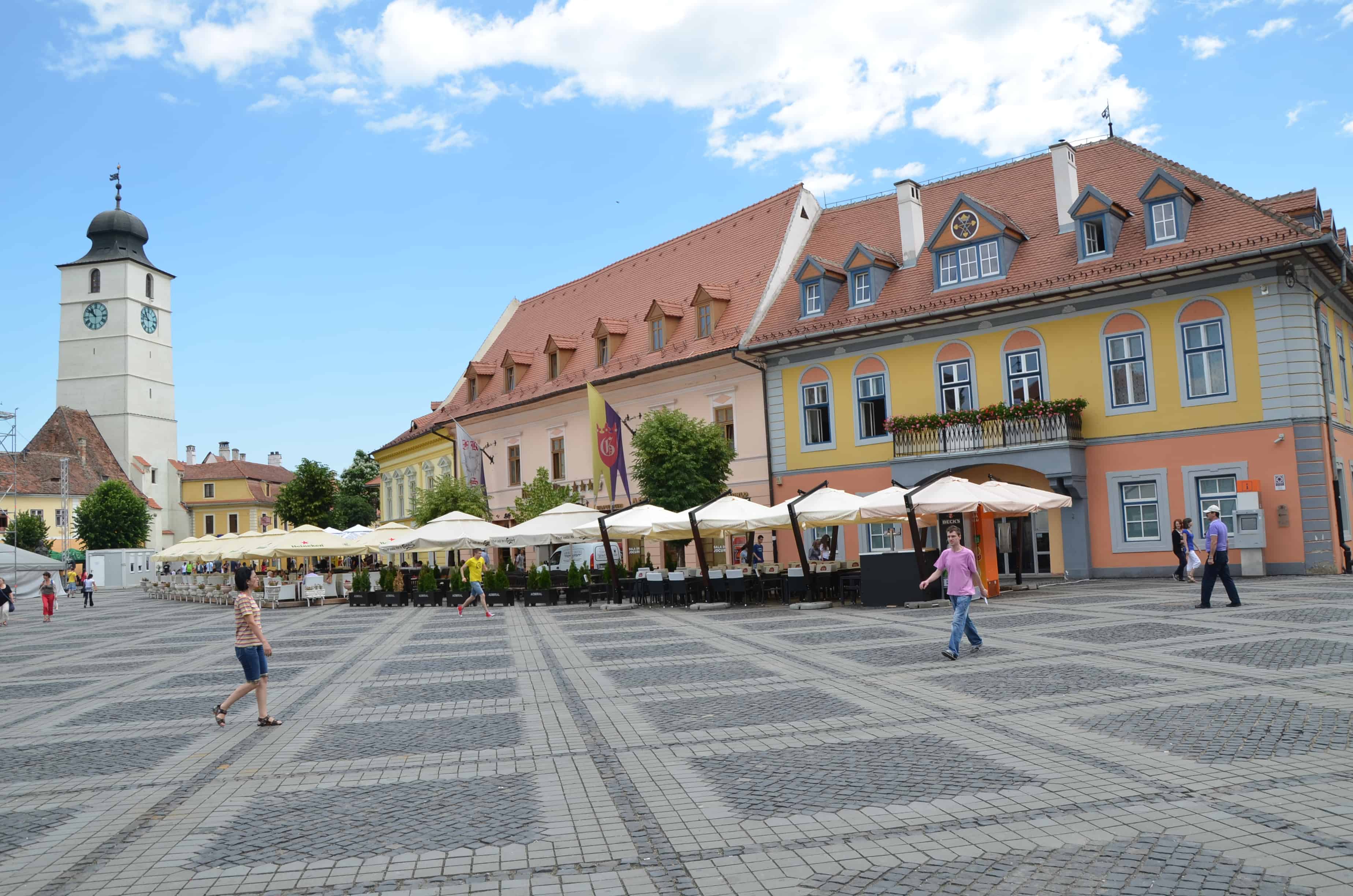 Looking north at Grand Square in Sibiu, Romania