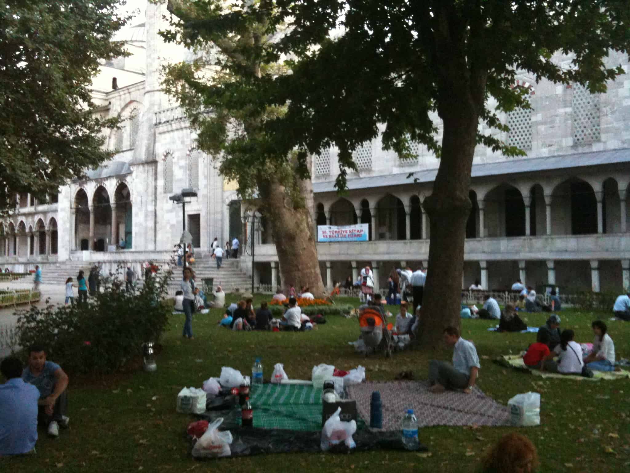 Picnic outside the Blue Mosque during Ramadan at Sultanahmet in Istanbul, Turkey