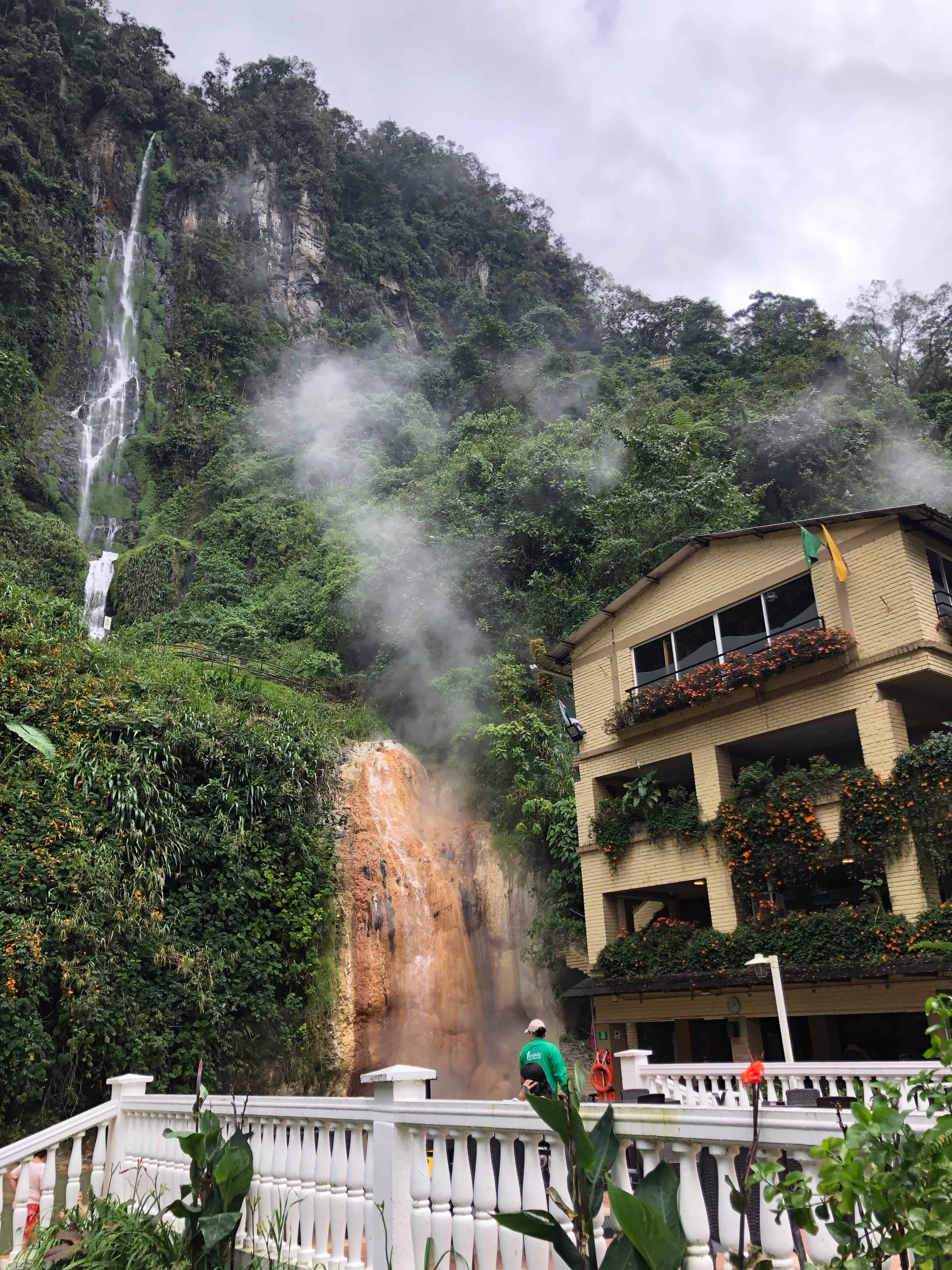 Looking up at the waterfall at Termales Hotel