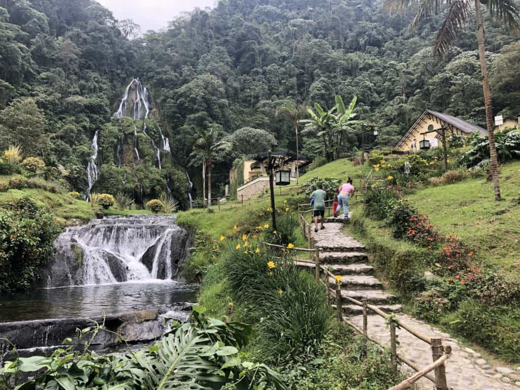 Cascade next to the path to the hot springs at Balneario de Santa Rosa in Santa Rosa de Cabal, Risaralda, Colombia