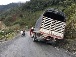 A truck in a ditch on the road to Tierradentro, Cauca, Colombia