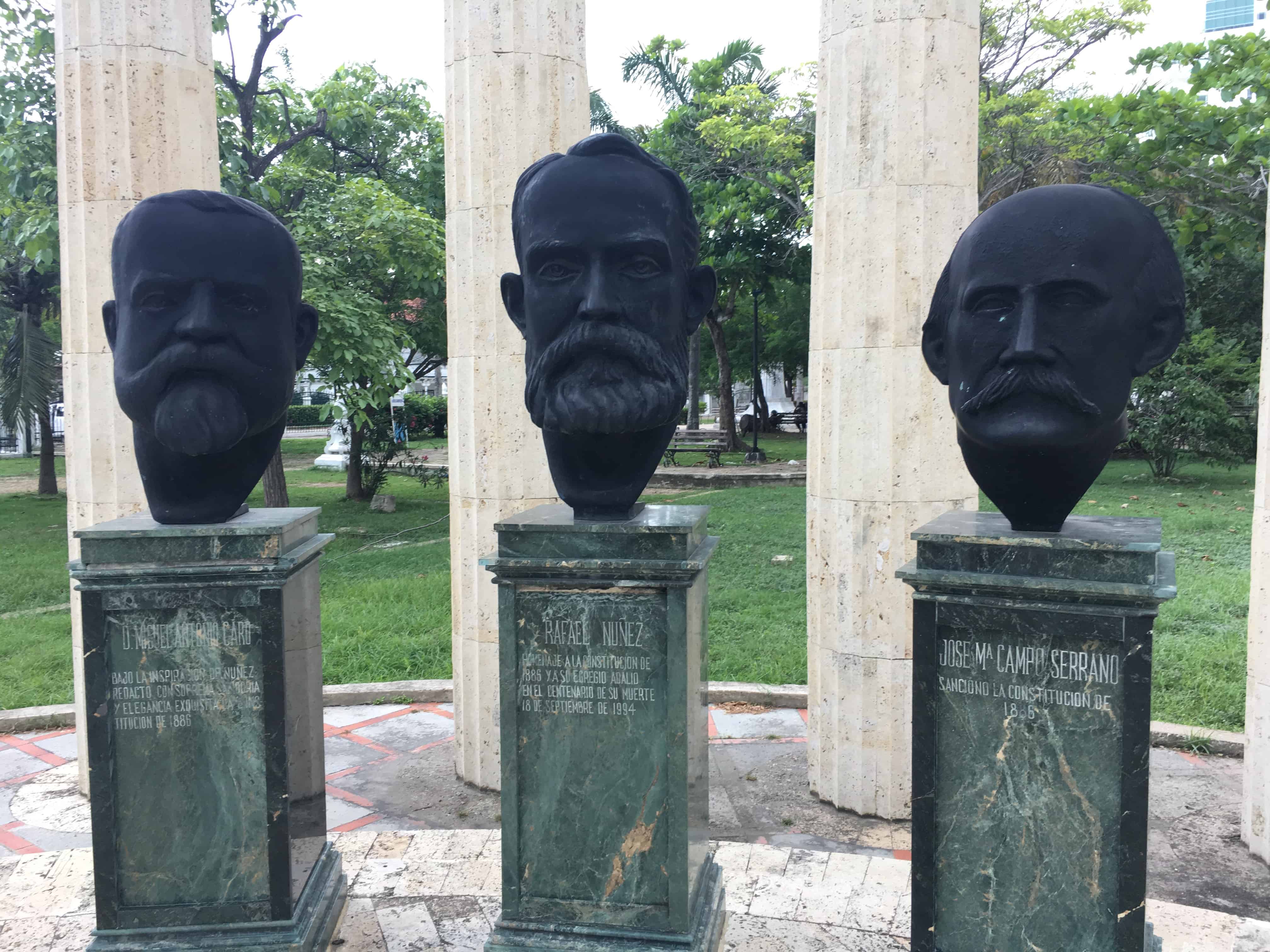 Busts of authors of the constitution in Parque del Cabrero in Cartagena, Colombia