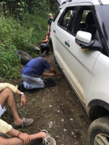 Getting our tire changed in Belén de Umbría, Risaralda, Colombia