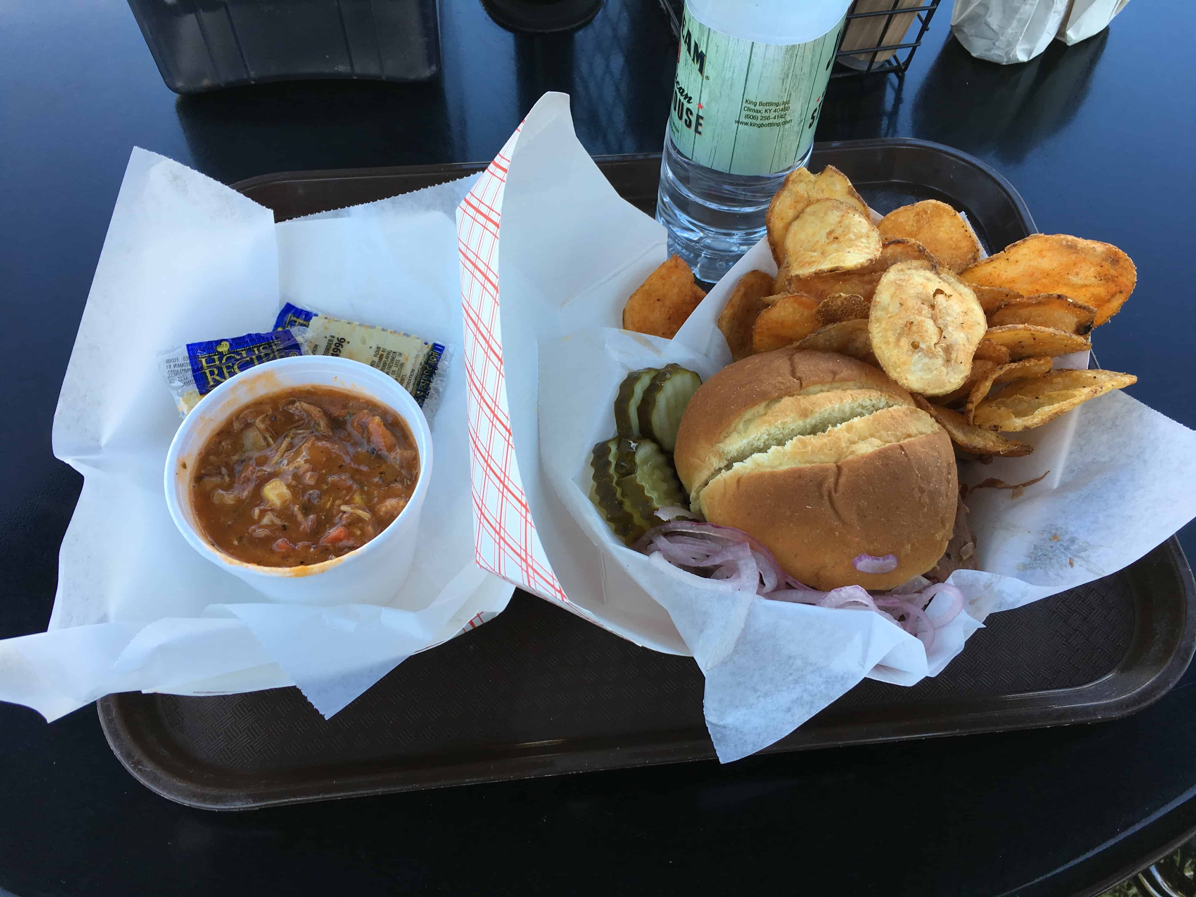 Burgoo and pulled pork sandwich at Fred's Smokehouse at Jim Beam American Stillhouse in Clermont, Kentucky